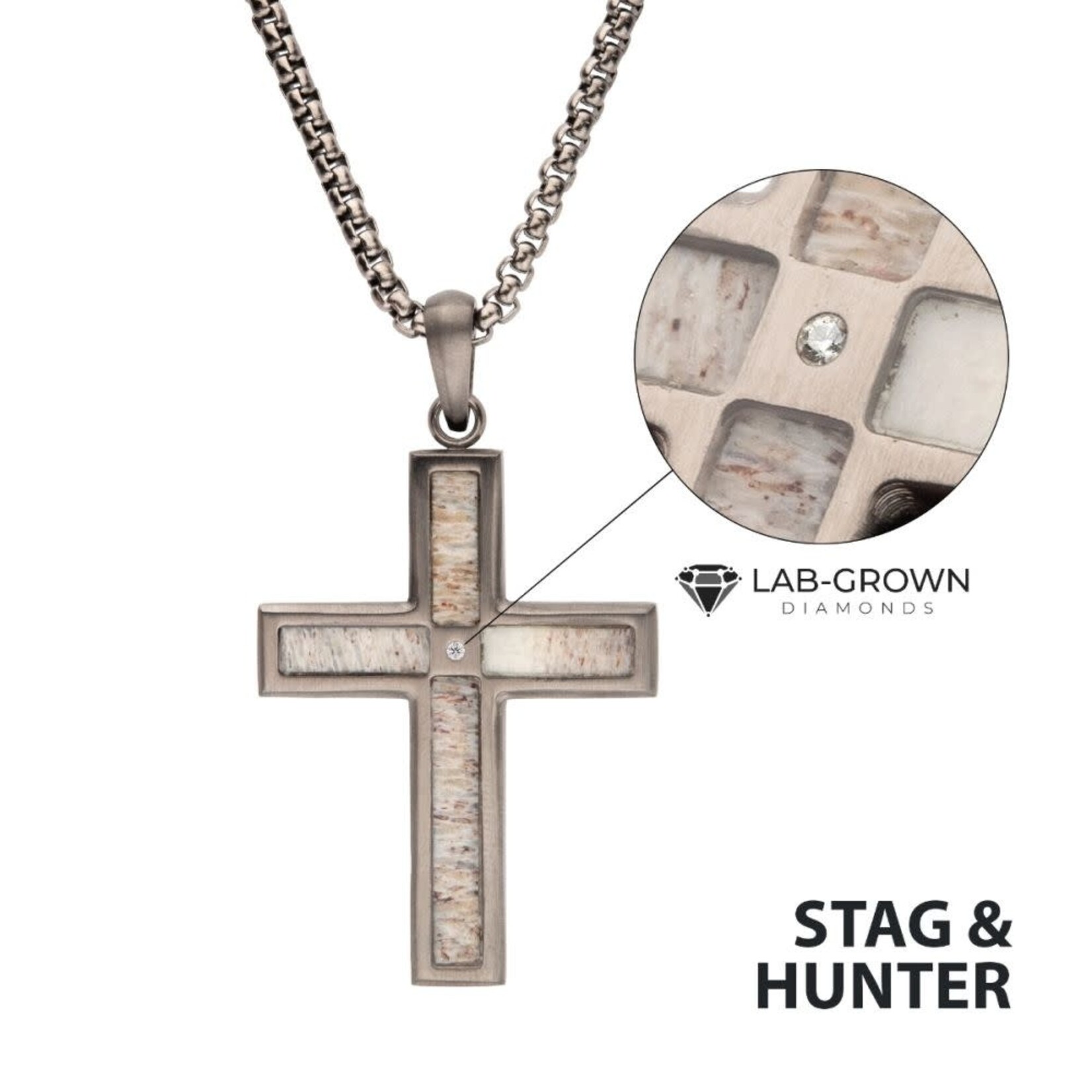 Inox Gun Metal IP Steel Matte Finish Deer Antler Inlay with Lab-Grown Diamond Cross Pendant 24"