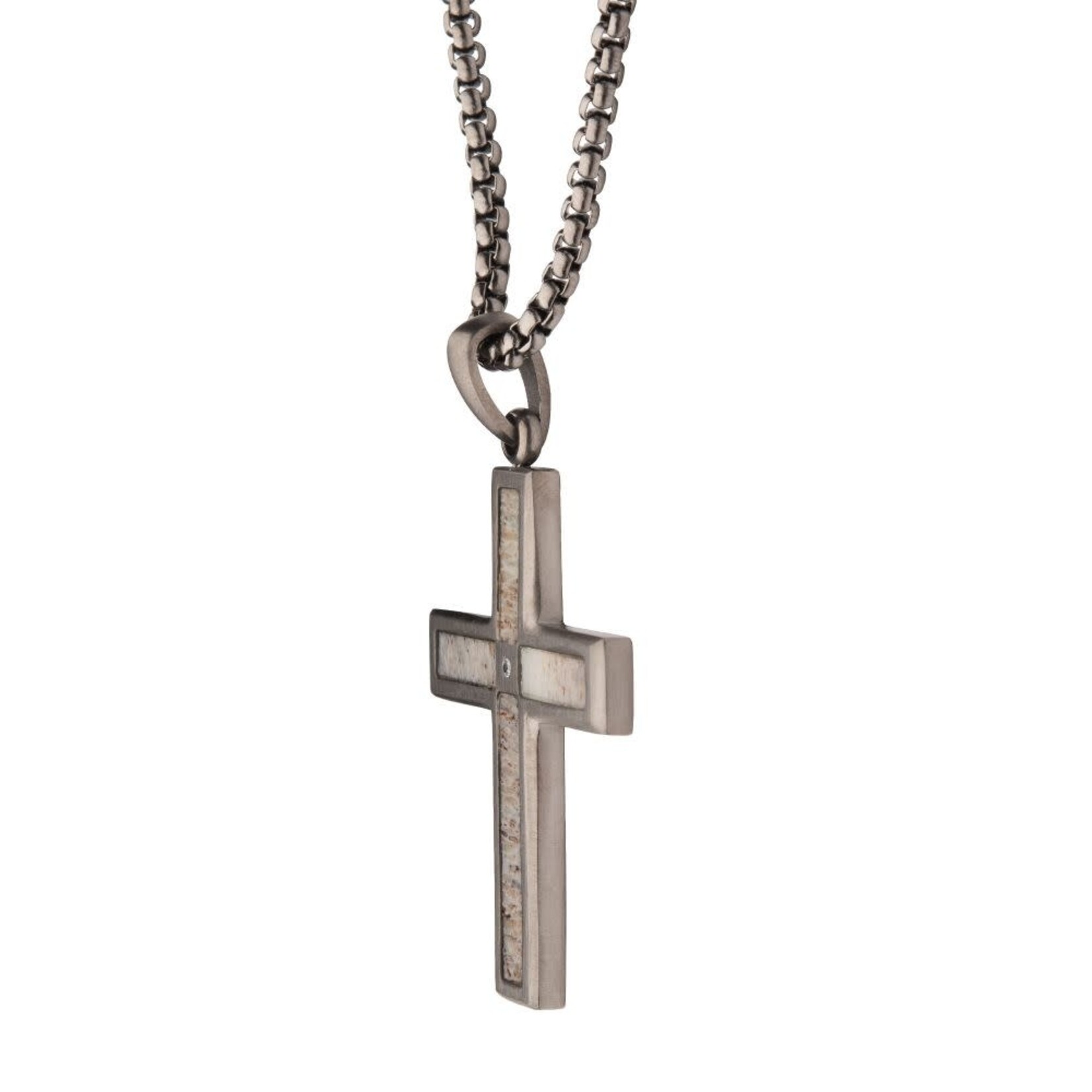 Inox Gun Metal IP Steel Matte Finish Deer Antler Inlay with Lab-Grown Diamond Cross Pendant 24"