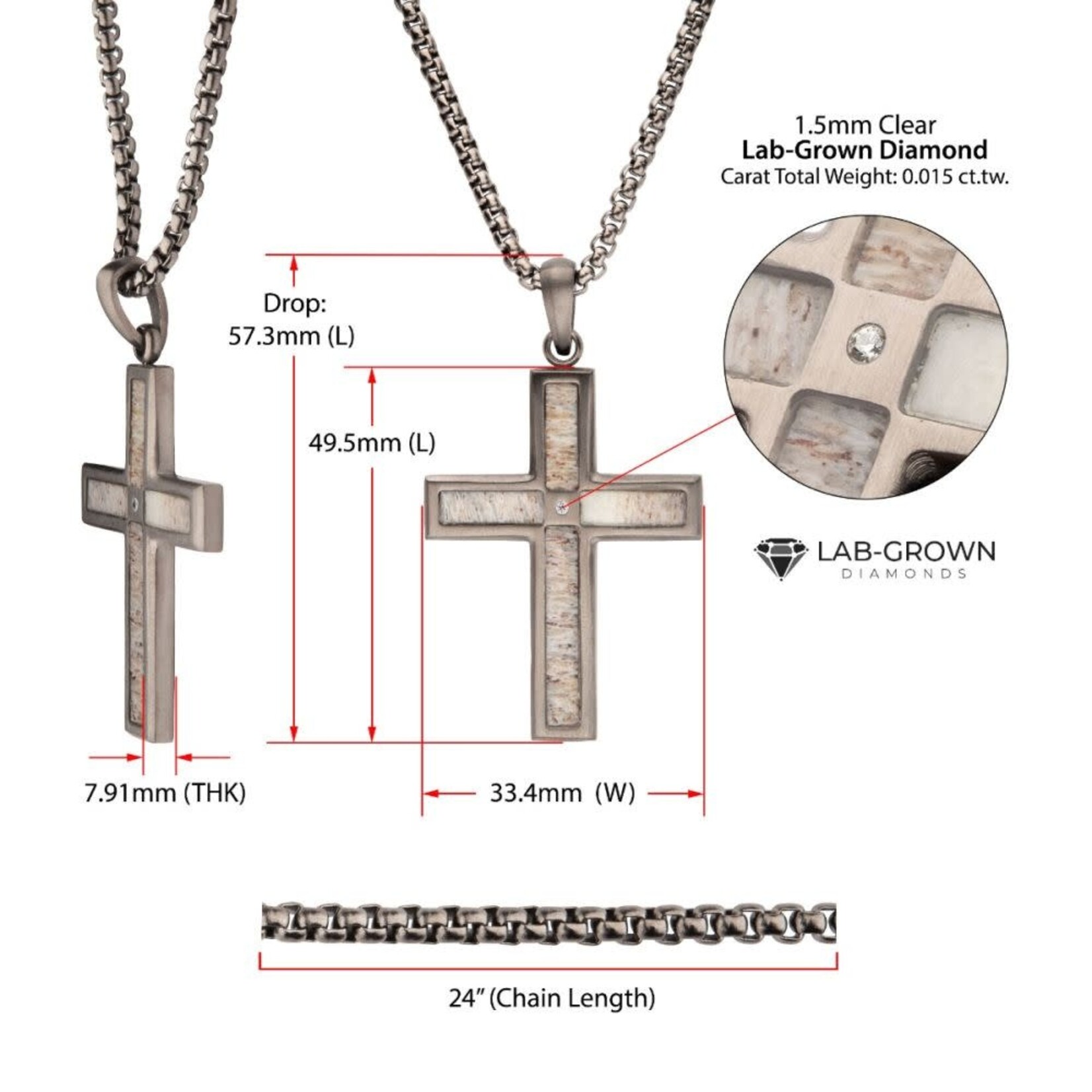 Inox Gun Metal IP Steel Matte Finish Deer Antler Inlay with Lab-Grown Diamond Cross Pendant 24"