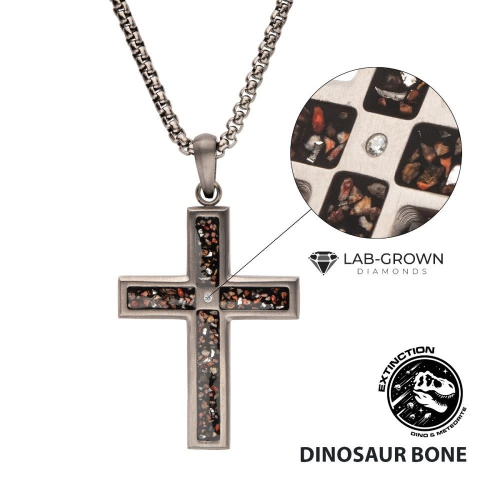 Inox Gun Metal IP Steel Matte Finish Black Dinosaur Bone Inlay with Lab-Grown Diamond Cross Pendant 24"