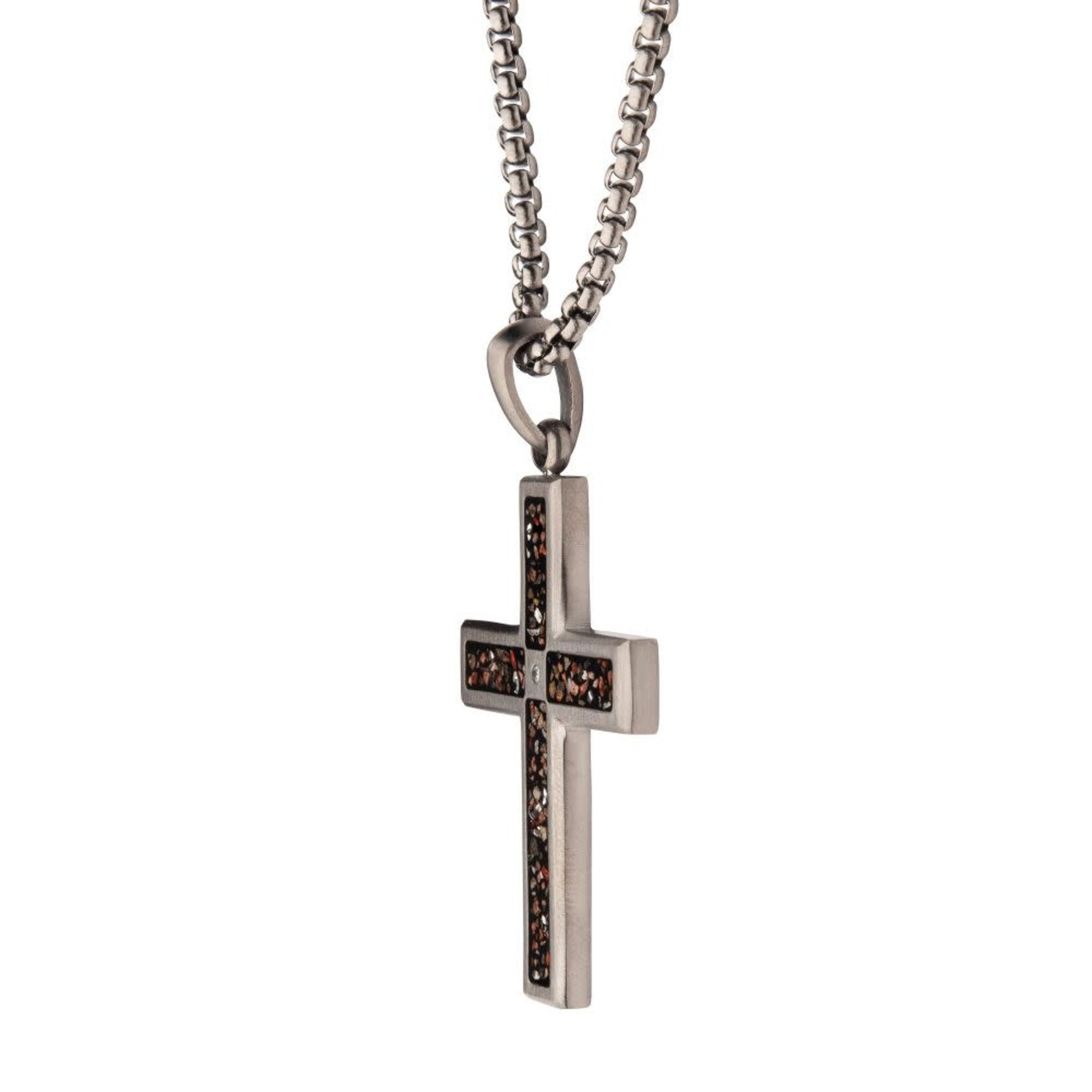 Inox Gun Metal IP Steel Matte Finish Black Dinosaur Bone Inlay with Lab-Grown Diamond Cross Pendant 24"