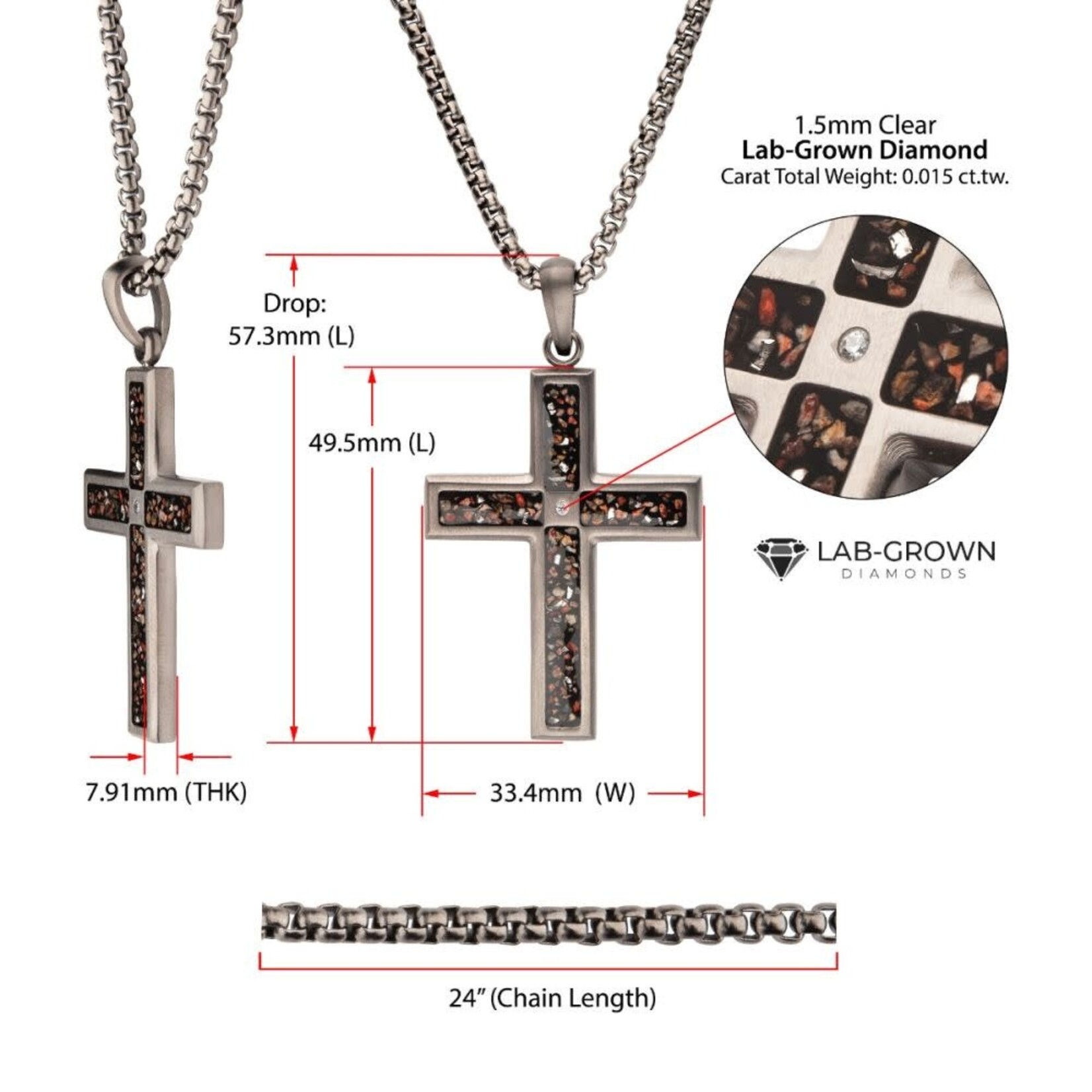 Inox Gun Metal IP Steel Matte Finish Black Dinosaur Bone Inlay with Lab-Grown Diamond Cross Pendant 24"