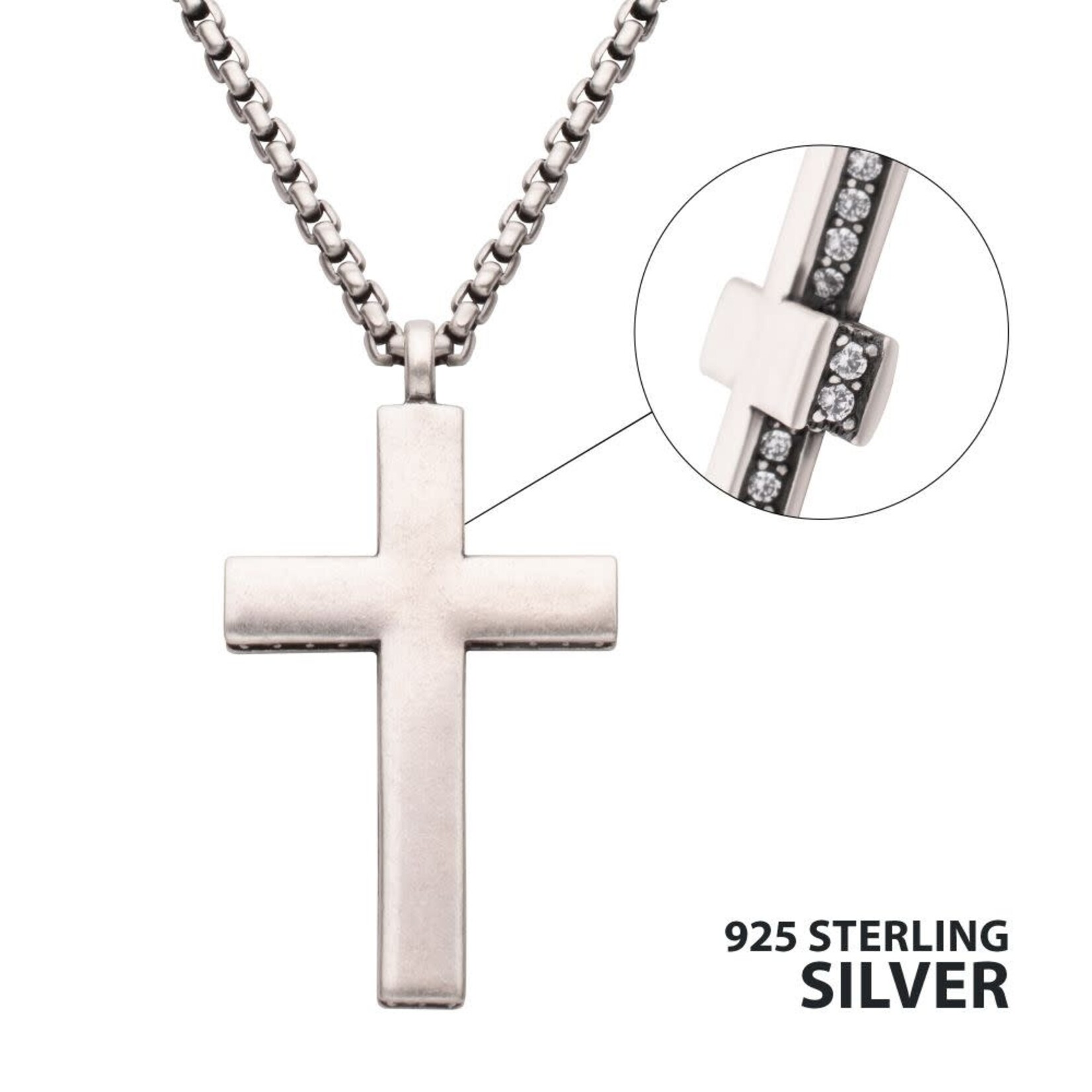 Inox 925 Sterling Silver Side Gem Cross Pendant with Antiqued Finish Box Chain 22"