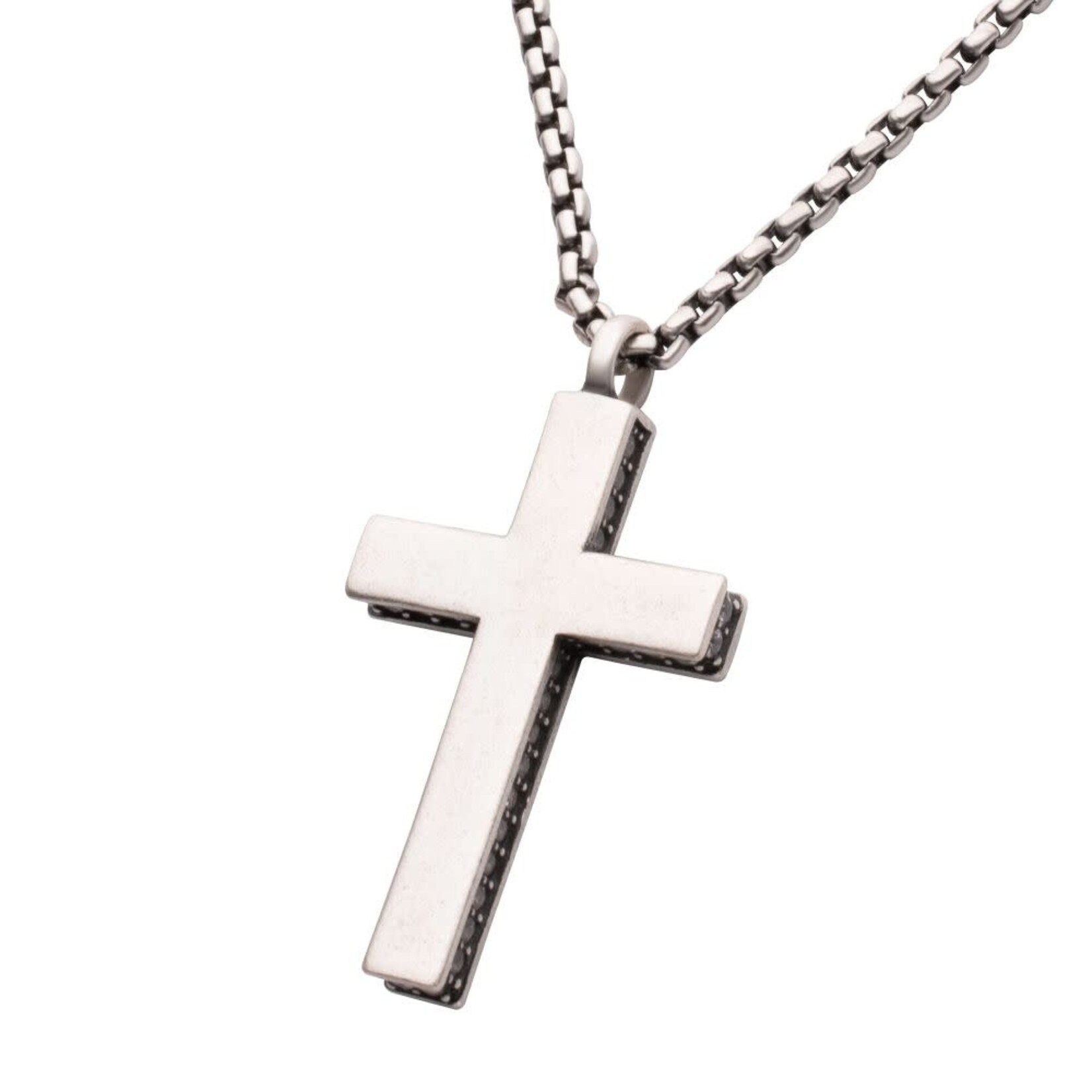Inox 925 Sterling Silver Side Gem Cross Pendant with Antiqued Finish Box Chain 22"