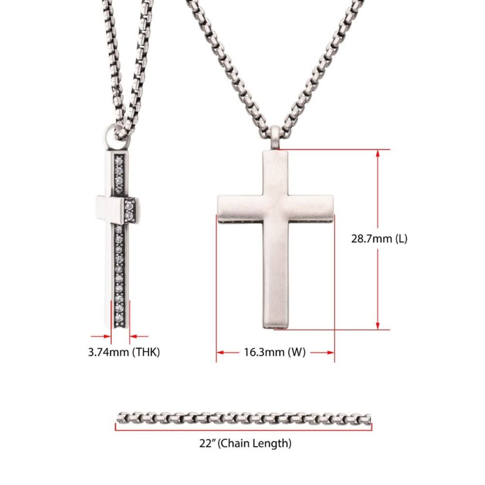 Inox 925 Sterling Silver Side Gem Cross Pendant with Antiqued Finish Box Chain 22"