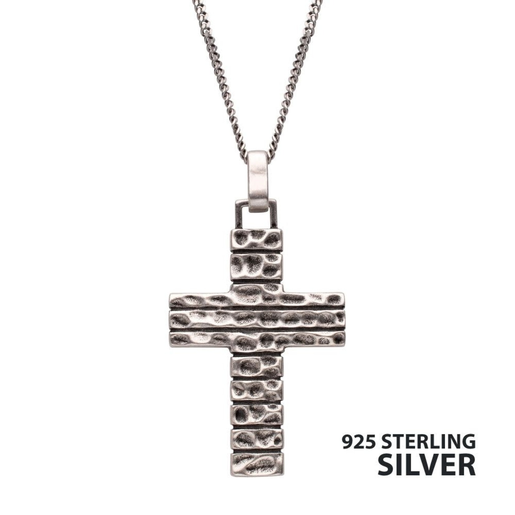 Inox 925 Sterling Silver Hammered Cross Pendant with Antiqued Finish Box Chain 22"