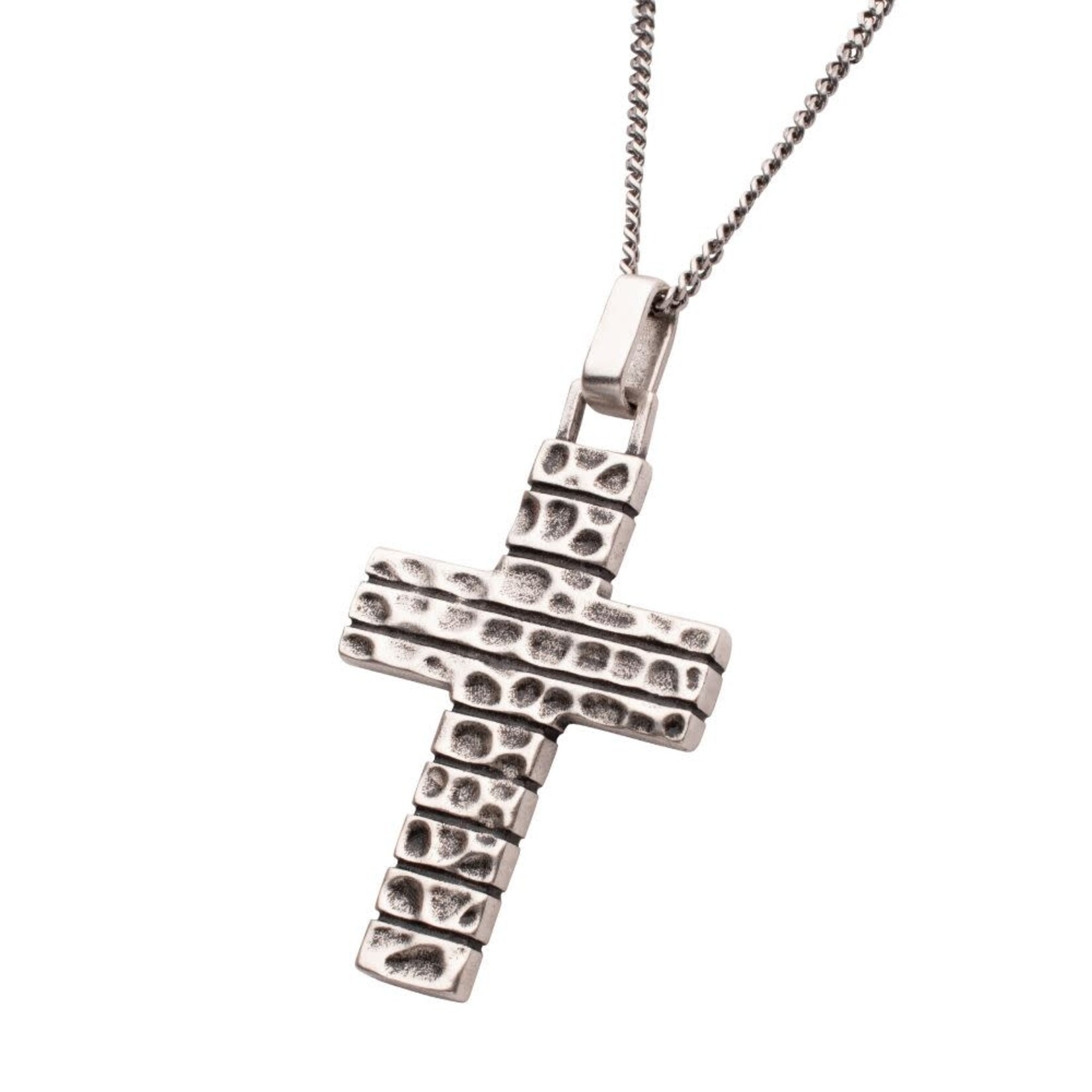 Inox 925 Sterling Silver Hammered Cross Pendant with Antiqued Finish Box Chain 22"