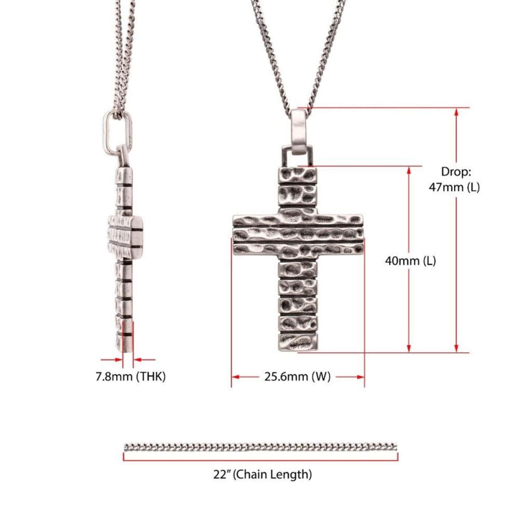 Inox 925 Sterling Silver Hammered Cross Pendant with Antiqued Finish Box Chain 22"