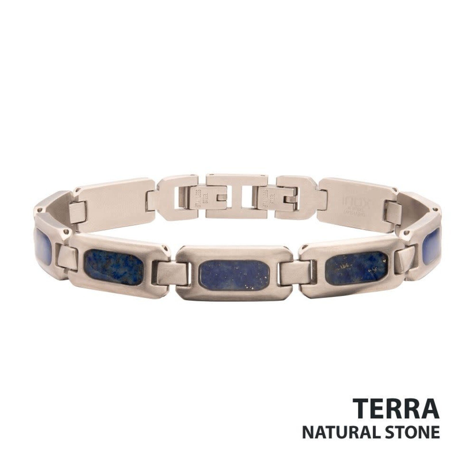 Inox Matte Finish Stainless Steel Lapis Lazuli Stone Inlay Sizeable Link Bracelet 8"-8.5"