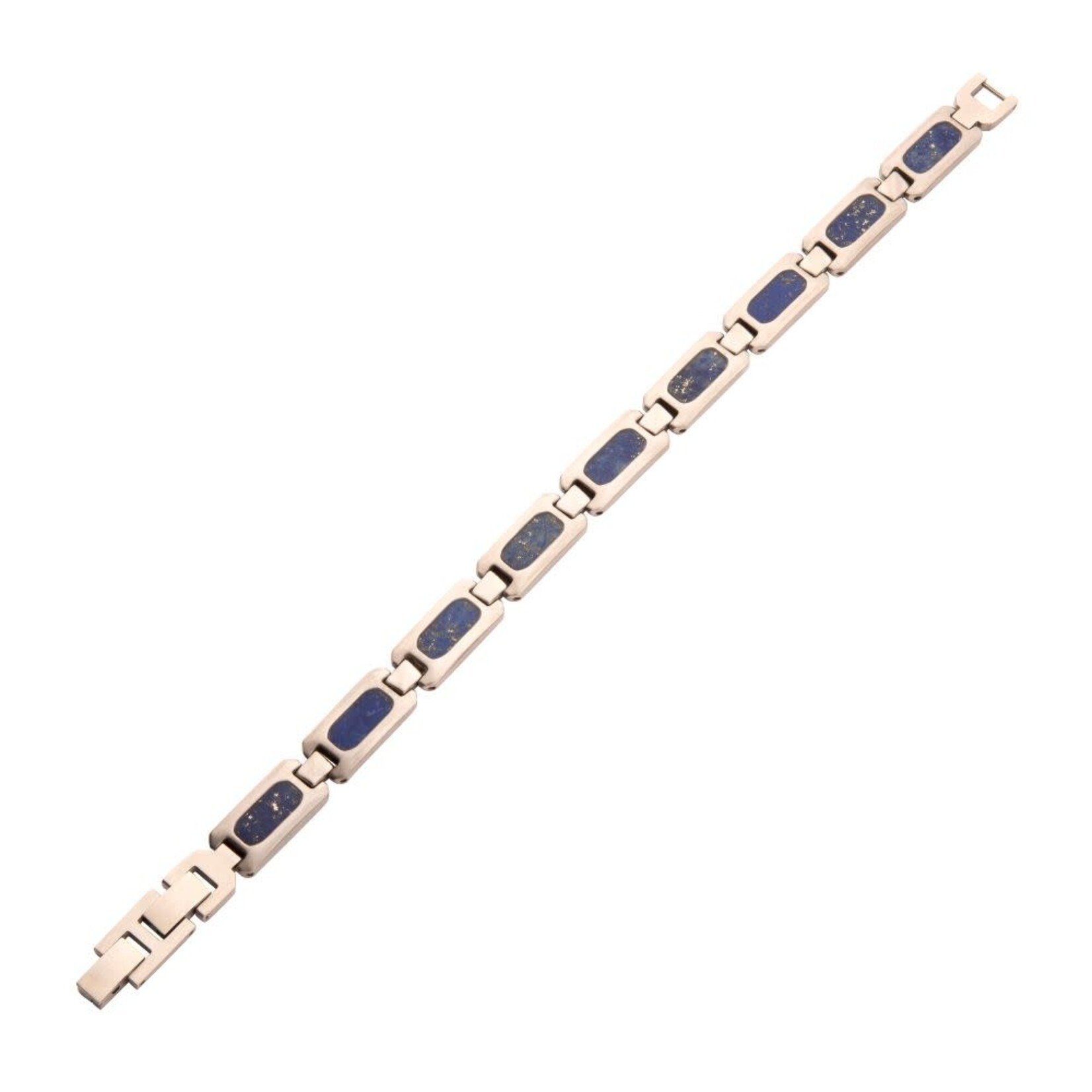 Inox Matte Finish Stainless Steel Lapis Lazuli Stone Inlay Sizeable Link Bracelet 8"-8.5"