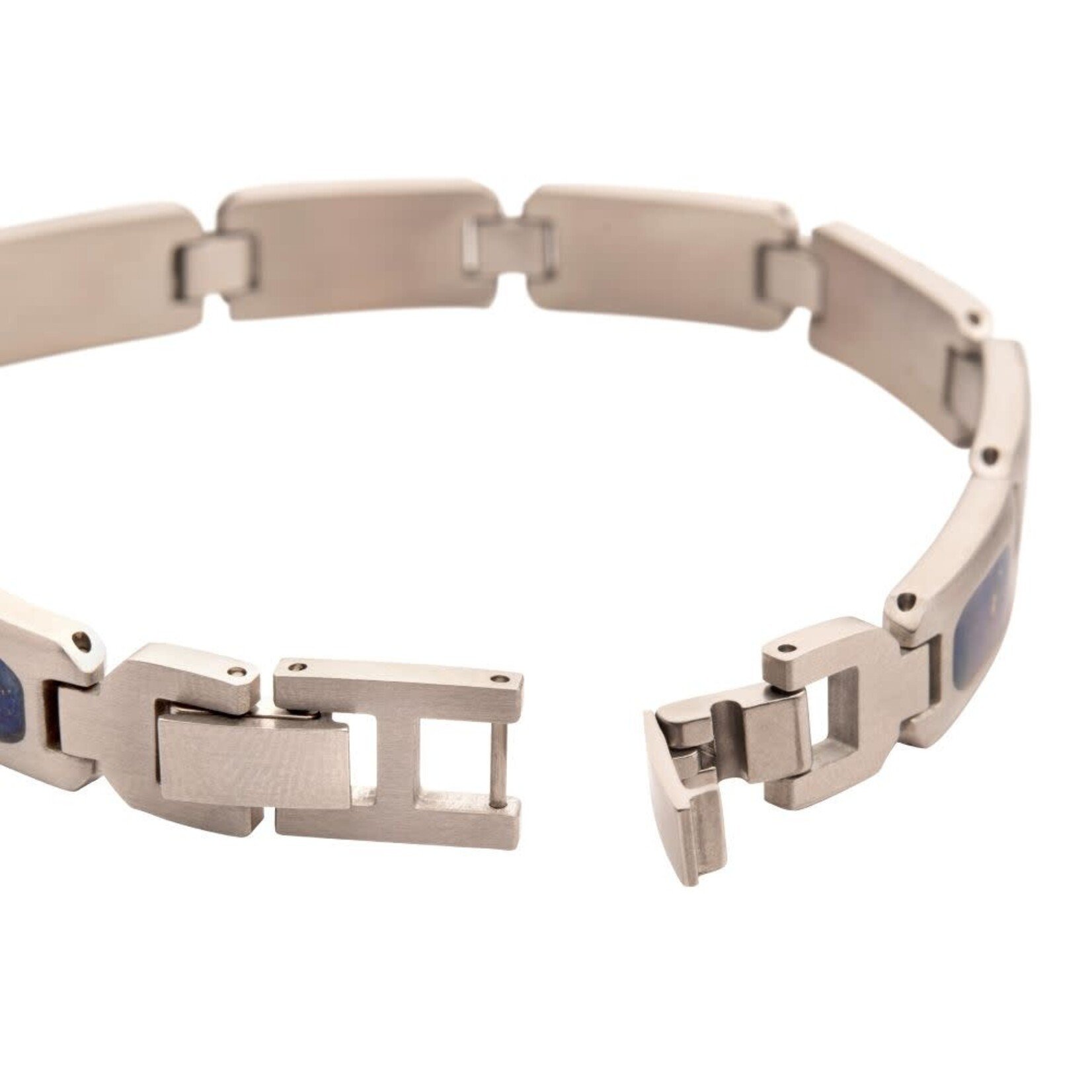 Inox Matte Finish Stainless Steel Lapis Lazuli Stone Inlay Sizeable Link Bracelet 8"-8.5"