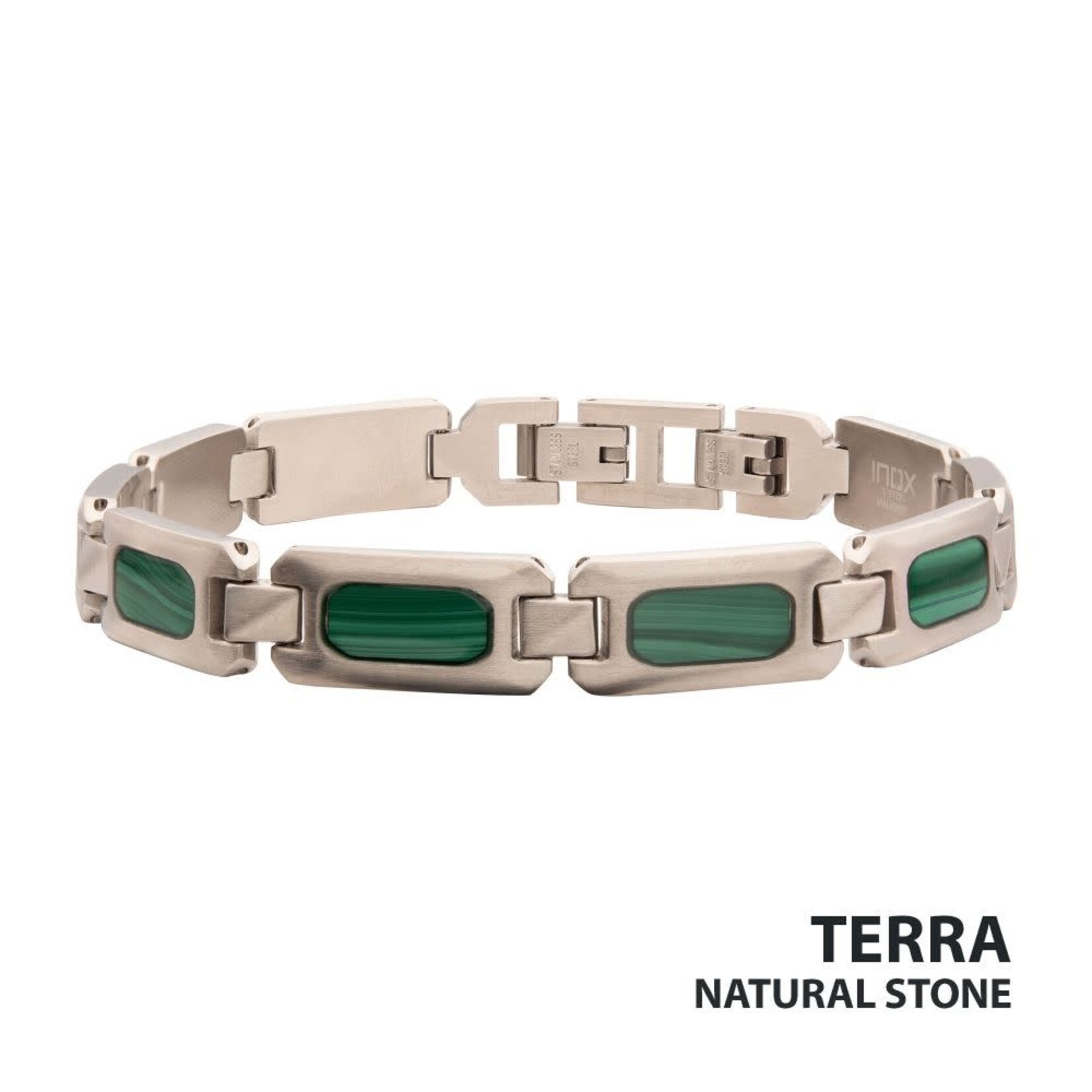 Inox Matte Finish Stainless Steel Malachite Stone Inlay Sizeable Link Bracelet 8"-8.5"
