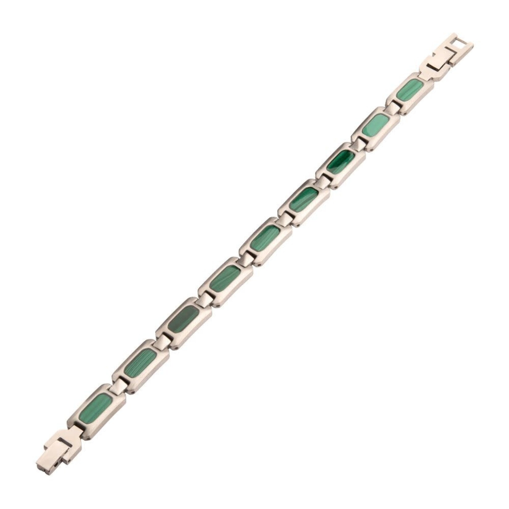 Inox Matte Finish Stainless Steel Malachite Stone Inlay Sizeable Link Bracelet 8"-8.5"