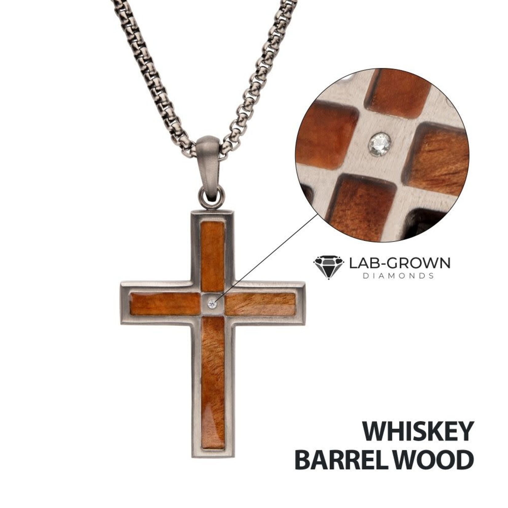 Inox IP Steel w/Whiskey Barrel Wood Inlay , Lab-Grown Diamond Cross Pendant 24"