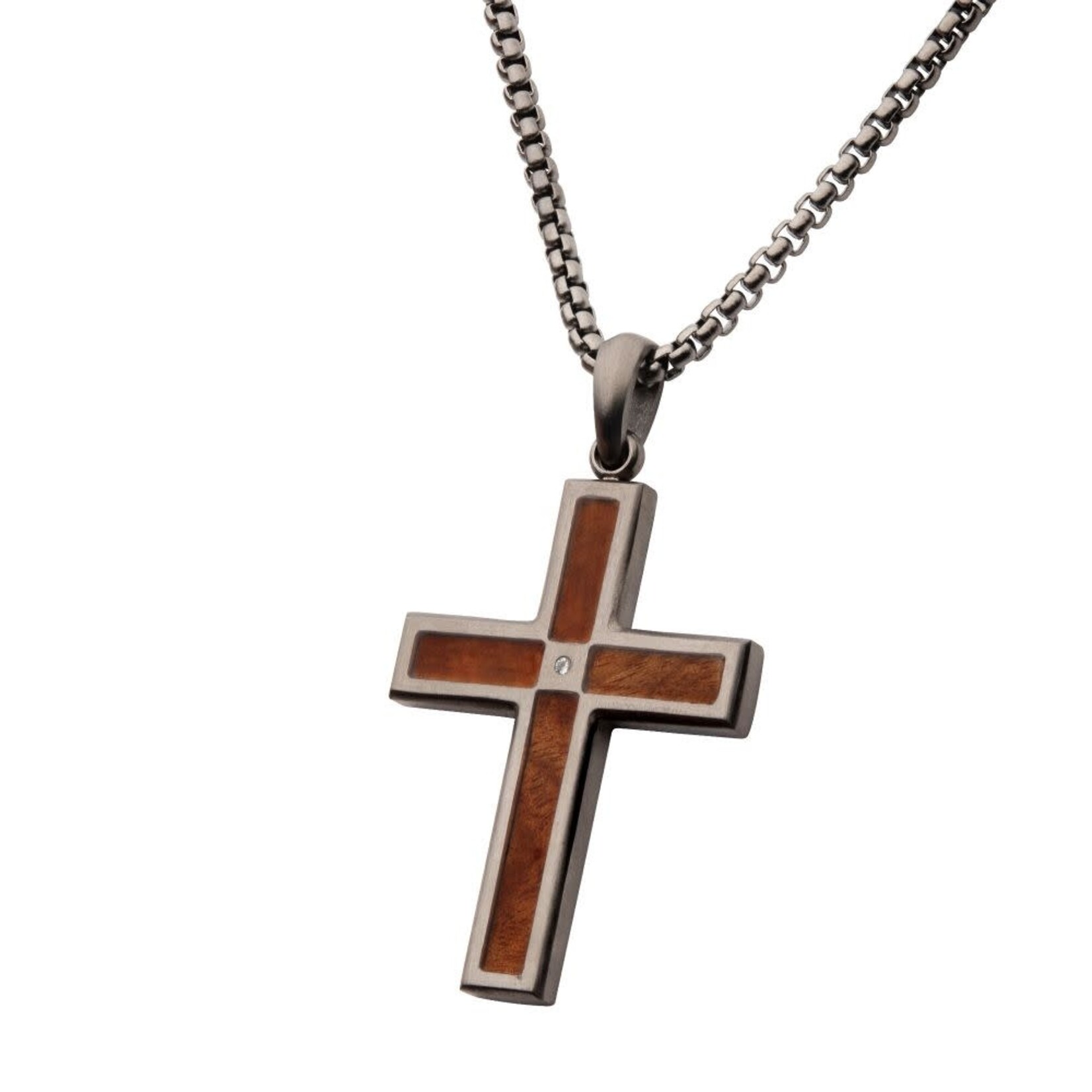 Inox IP Steel w/Whiskey Barrel Wood Inlay , Lab-Grown Diamond Cross Pendant 24"