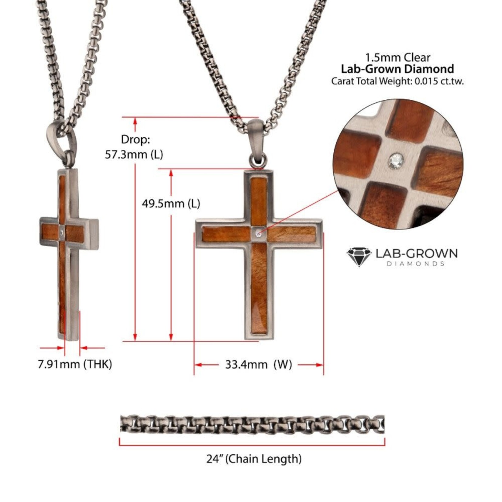 Inox IP Steel w/Whiskey Barrel Wood Inlay , Lab-Grown Diamond Cross Pendant 24"