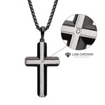 Inox Black IP Steel Lab-Grown Diamond Brushed Finish Cross Pendant 24"