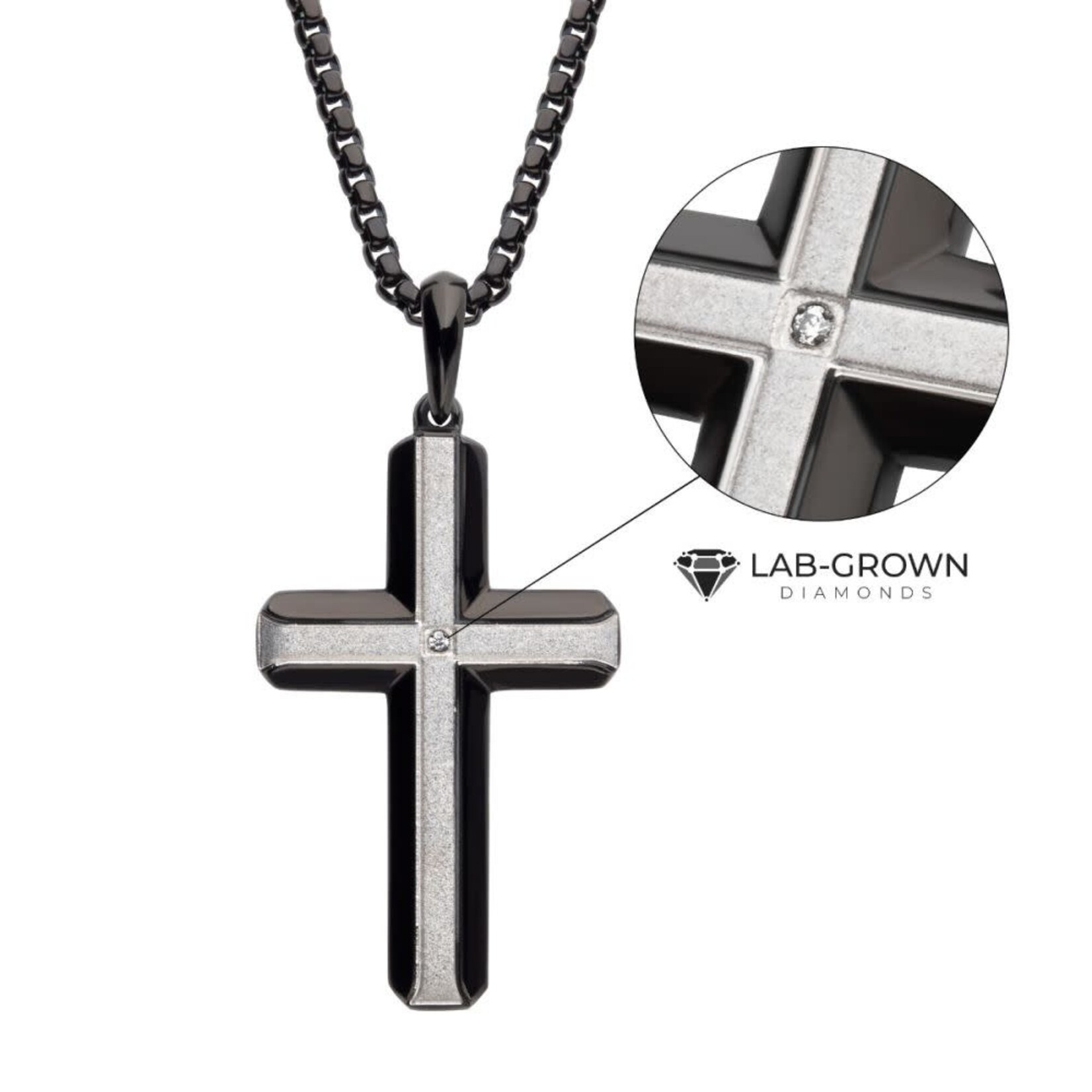 Inox Black IP Steel Lab-Grown Diamond Brushed Finish Cross Pendant 24"