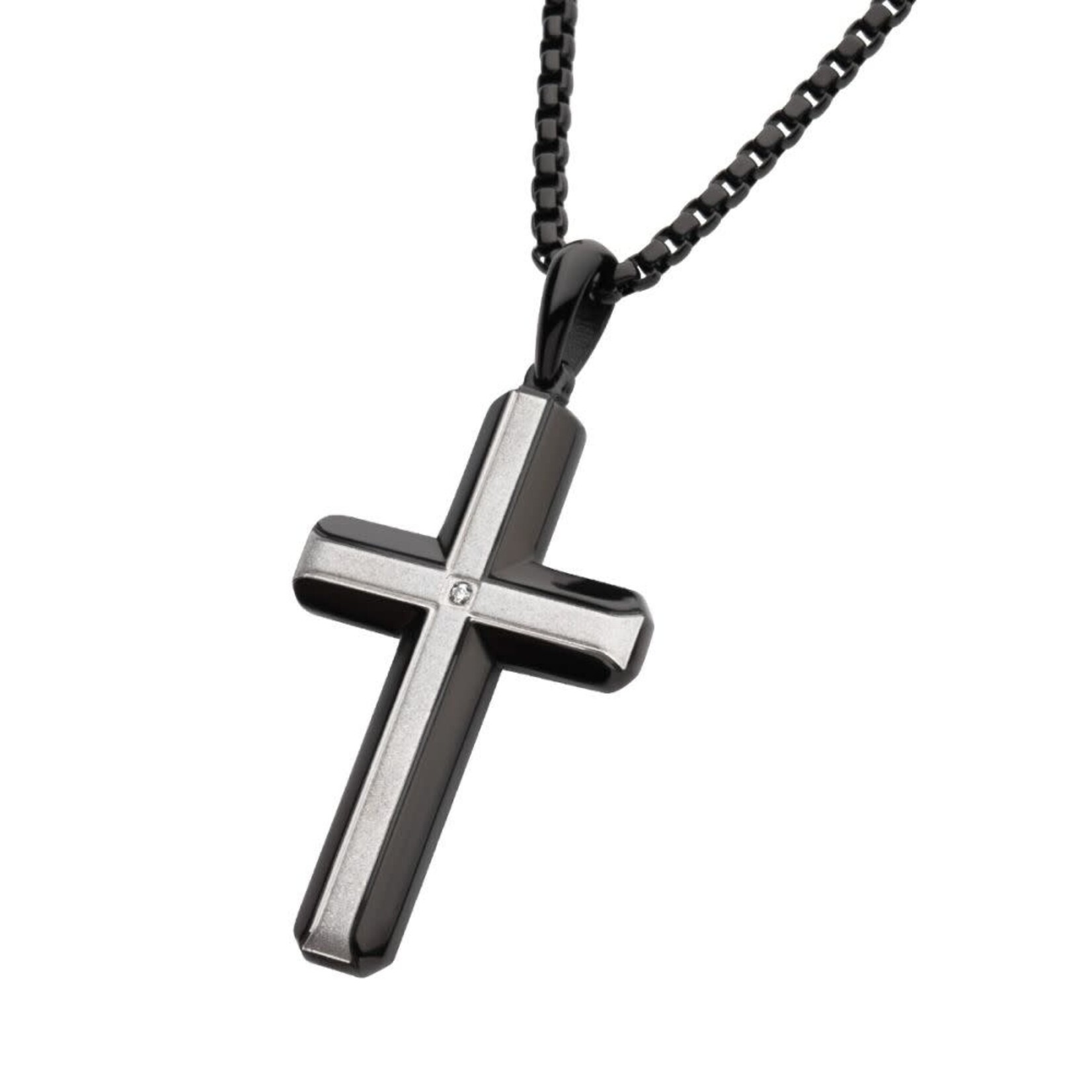 Inox Black IP Steel Lab-Grown Diamond Brushed Finish Cross Pendant 24"