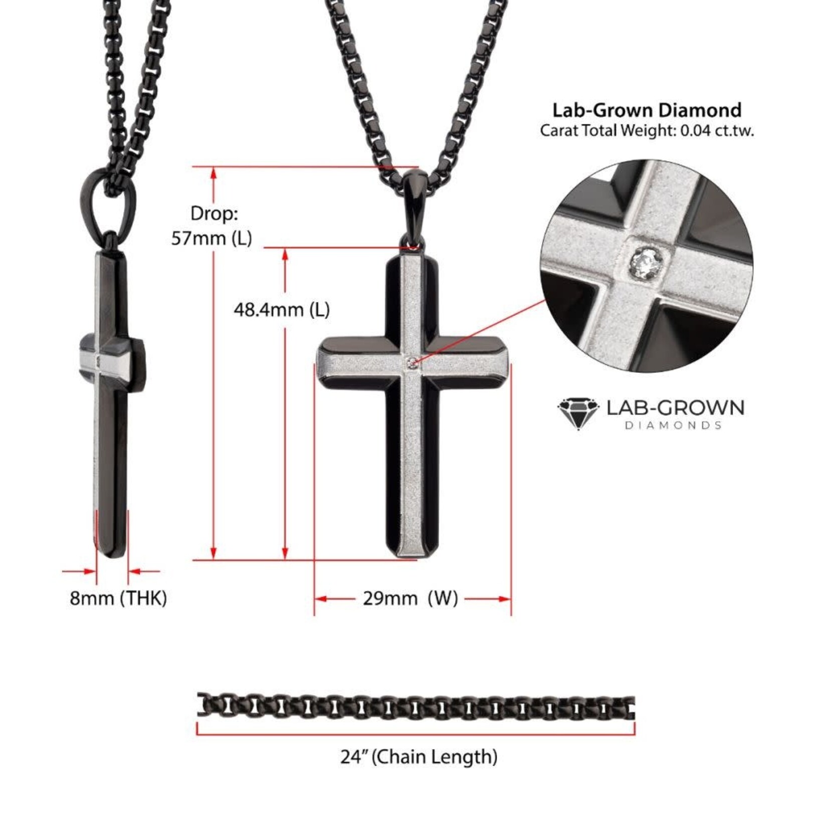 Inox Black IP Steel Lab-Grown Diamond Brushed Finish Cross Pendant 24"