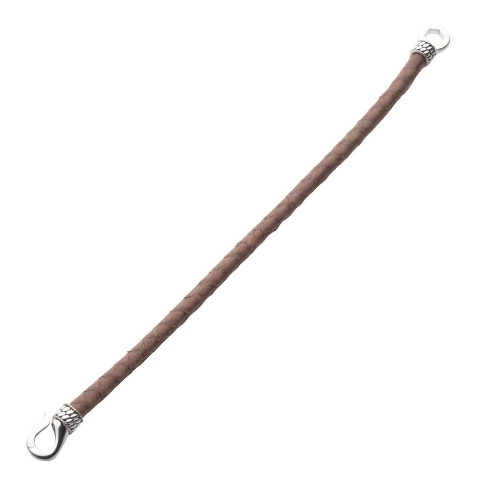Inox rown Soft Python Leather Bracelet with Hinged Polished Finish 925 Sterling Silver Clasp 8.5"