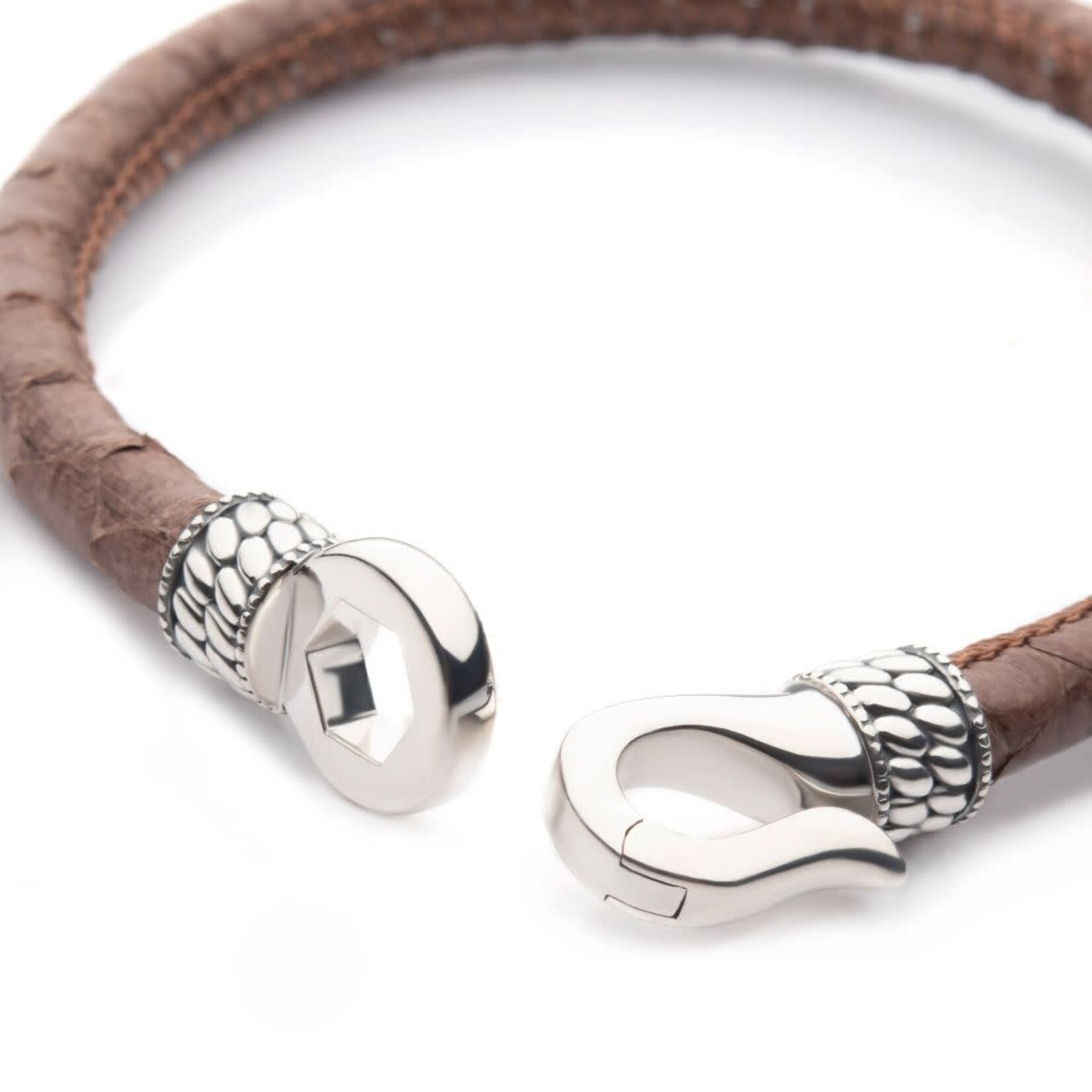 Inox rown Soft Python Leather Bracelet with Hinged Polished Finish 925 Sterling Silver Clasp 8.5"