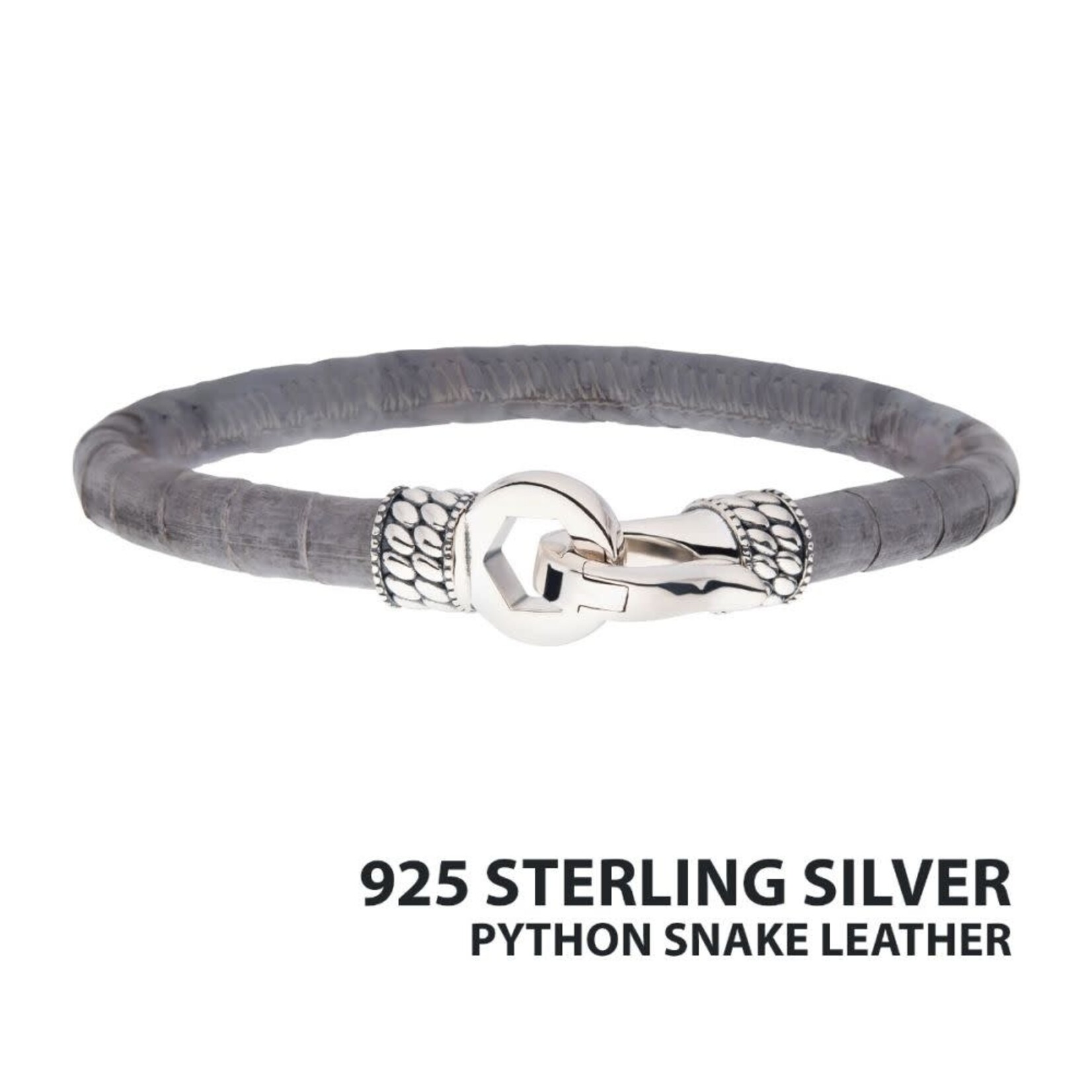 Inox Gray Soft Python Leather Bracelet with Hinged Polished Finish 925 Sterling Silver Clasp 8.5"