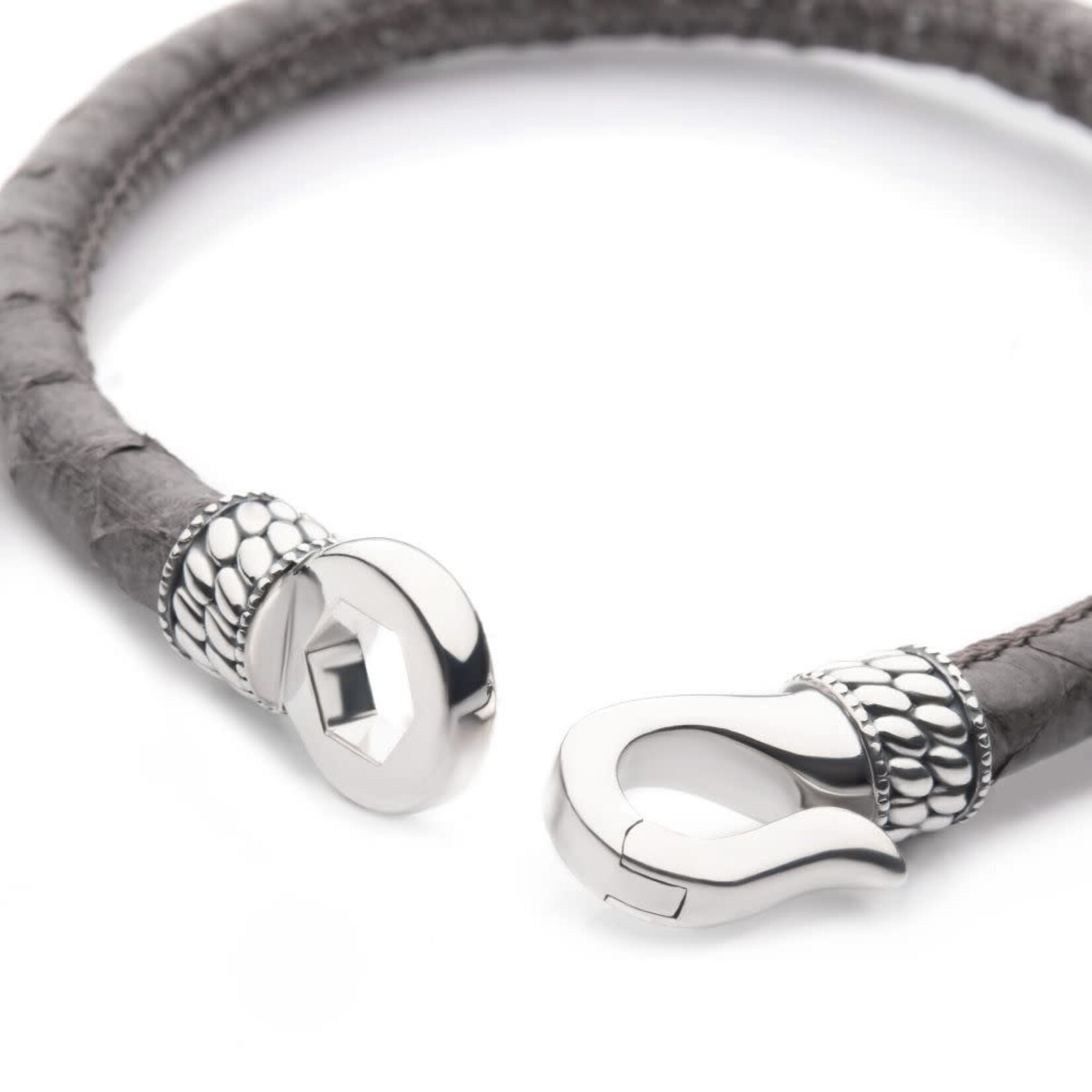 Inox Gray Soft Python Leather Bracelet with Hinged Polished Finish 925 Sterling Silver Clasp 8.5"