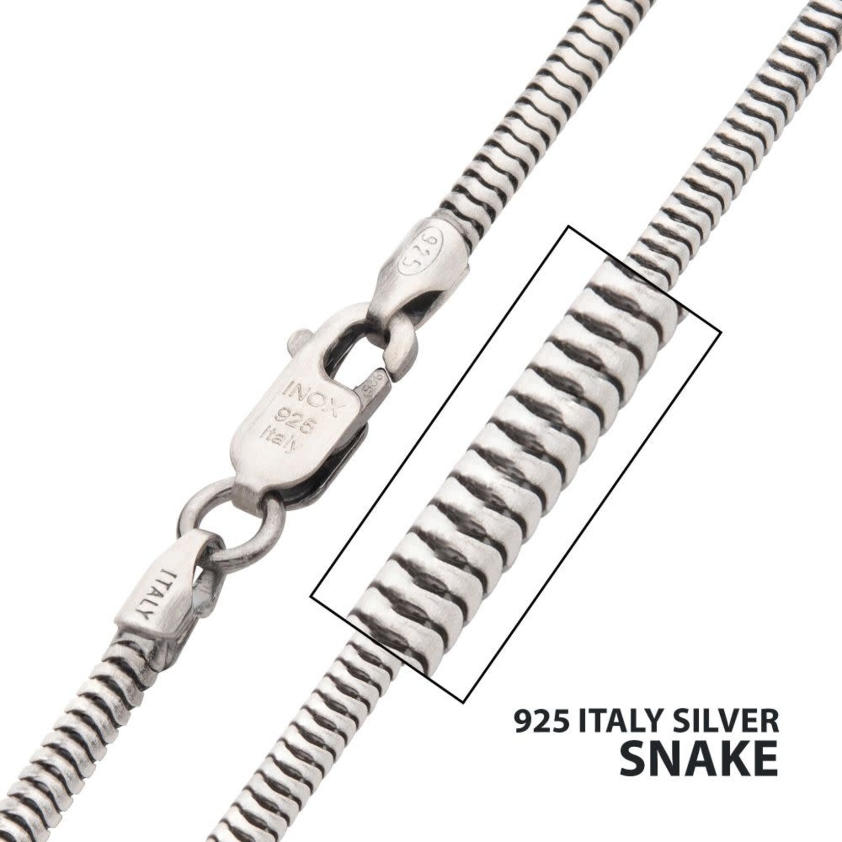 Inox 2.4mm 925 Italy Silver Black Rhodium Plated Brushed Satin Finish Snake Chain Necklace 24"