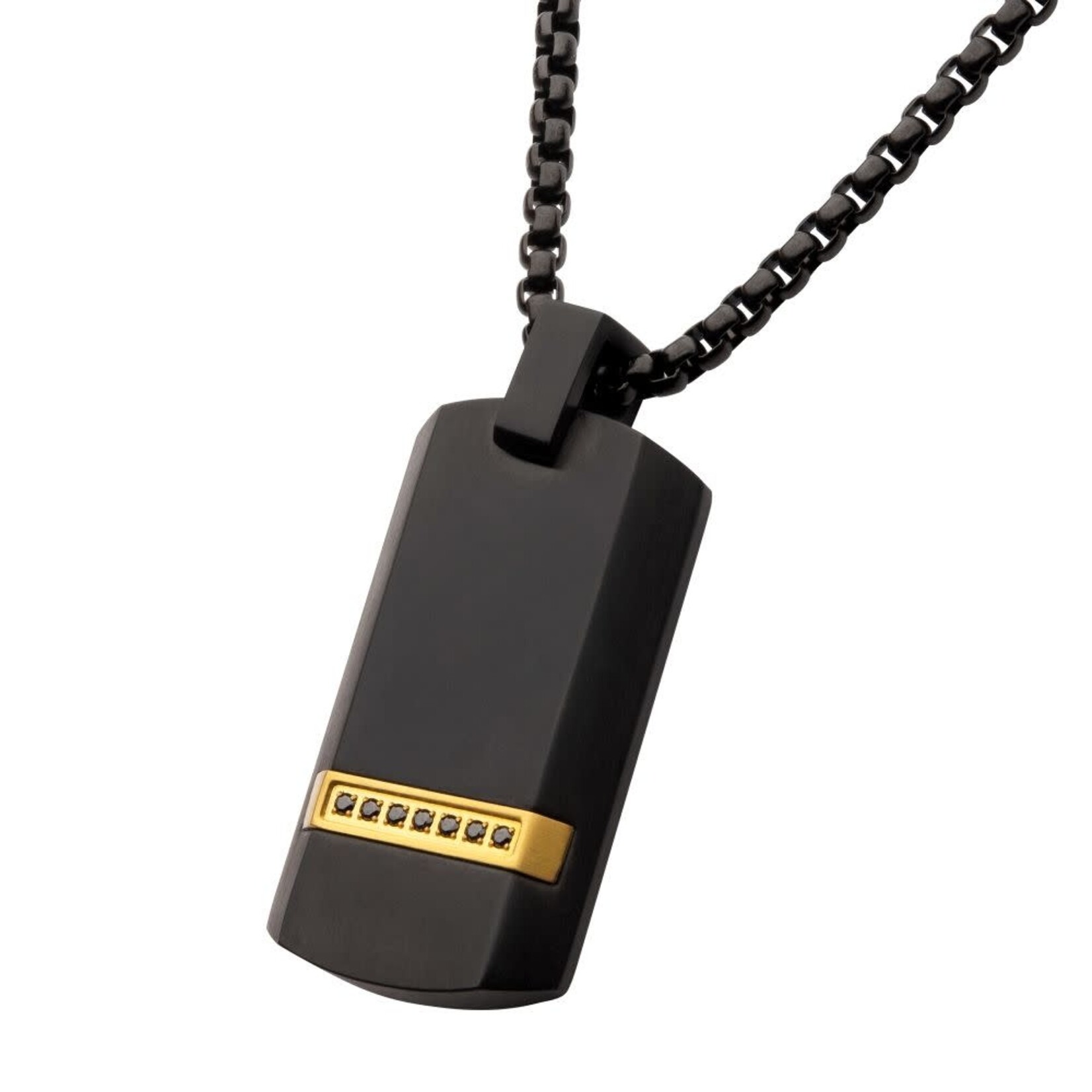Inox Black IP Steel Genuine Black Sapphire Gem Dog Tag Pendant with Box Chain 24"