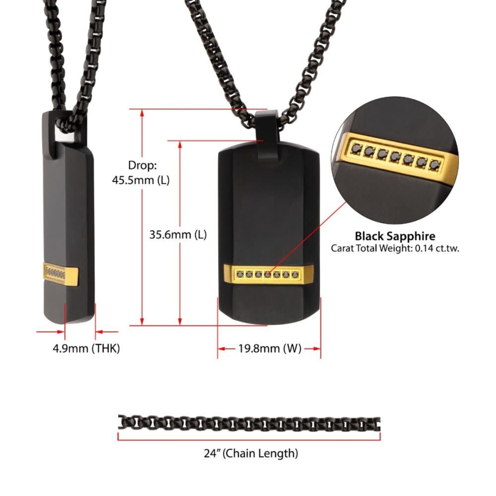 Inox Black IP Steel Genuine Black Sapphire Gem Dog Tag Pendant with Box Chain 24"