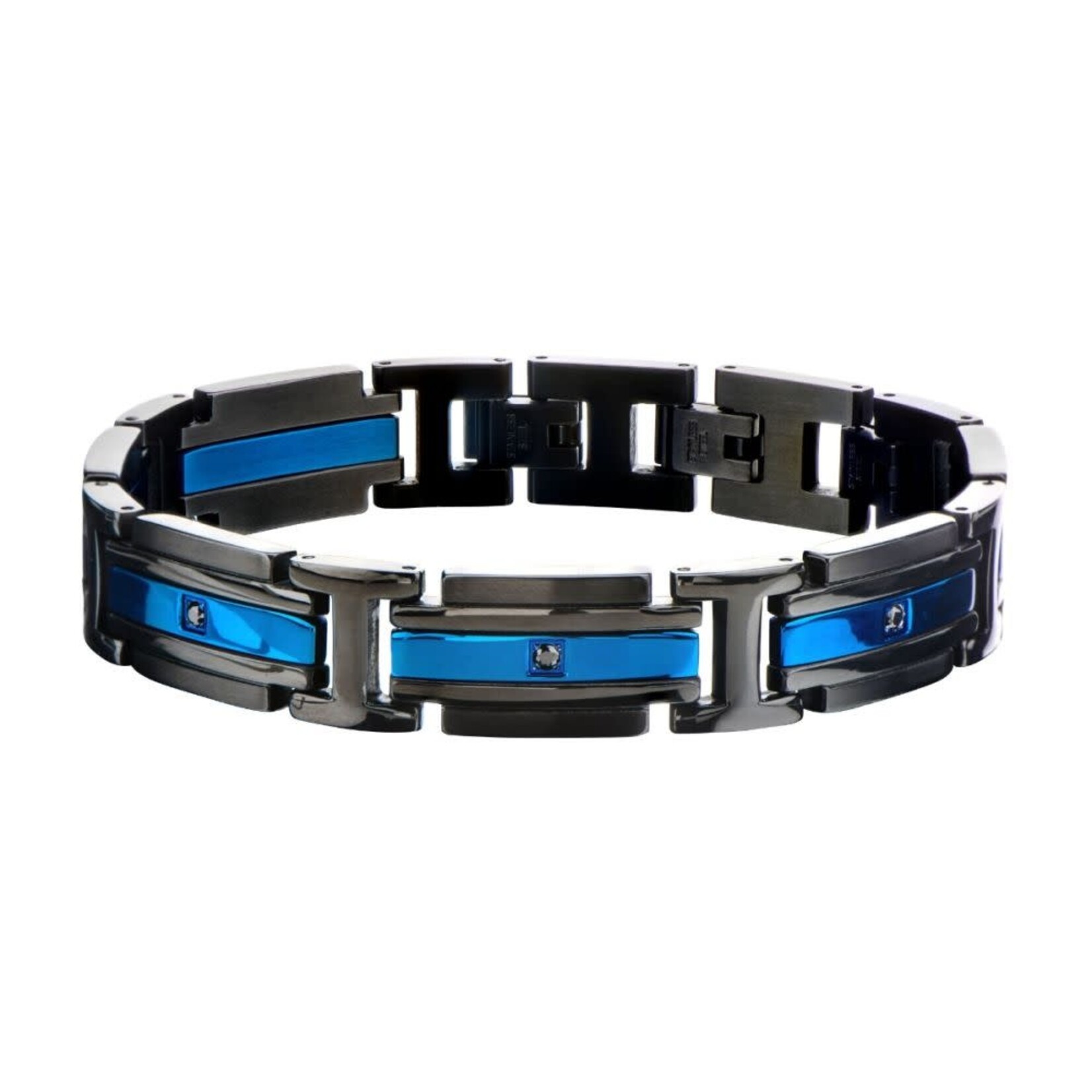 Inox Matte Black & Blue IP with Black CZ Bracelet 8"-8.5"