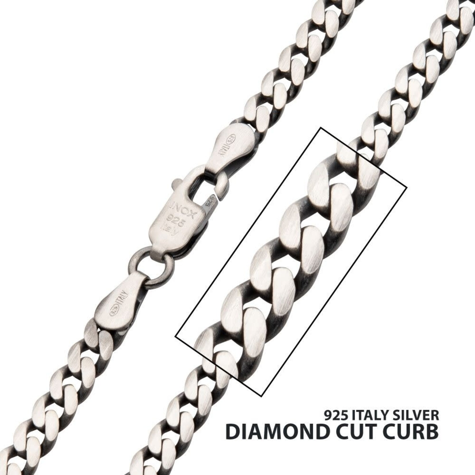 Inox 3.6mm 925 Italy Silver Black Rhodium Plated Brushed Satin Finish Diamond Cut Curb Chain Necklace 22"