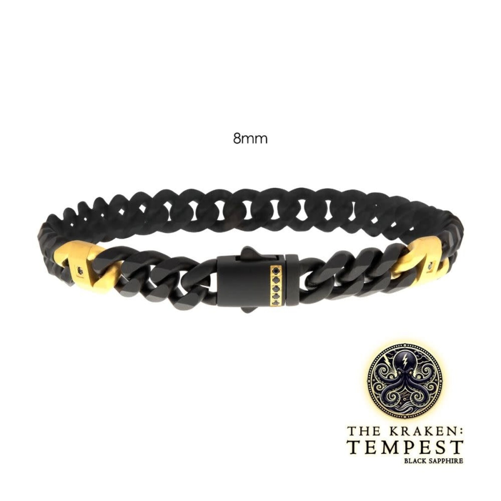 Inox 8mm Black IP Steel Matte Finish Miami Cuban Chain Bracelet with Genuine Black Sapphire Gem 8"