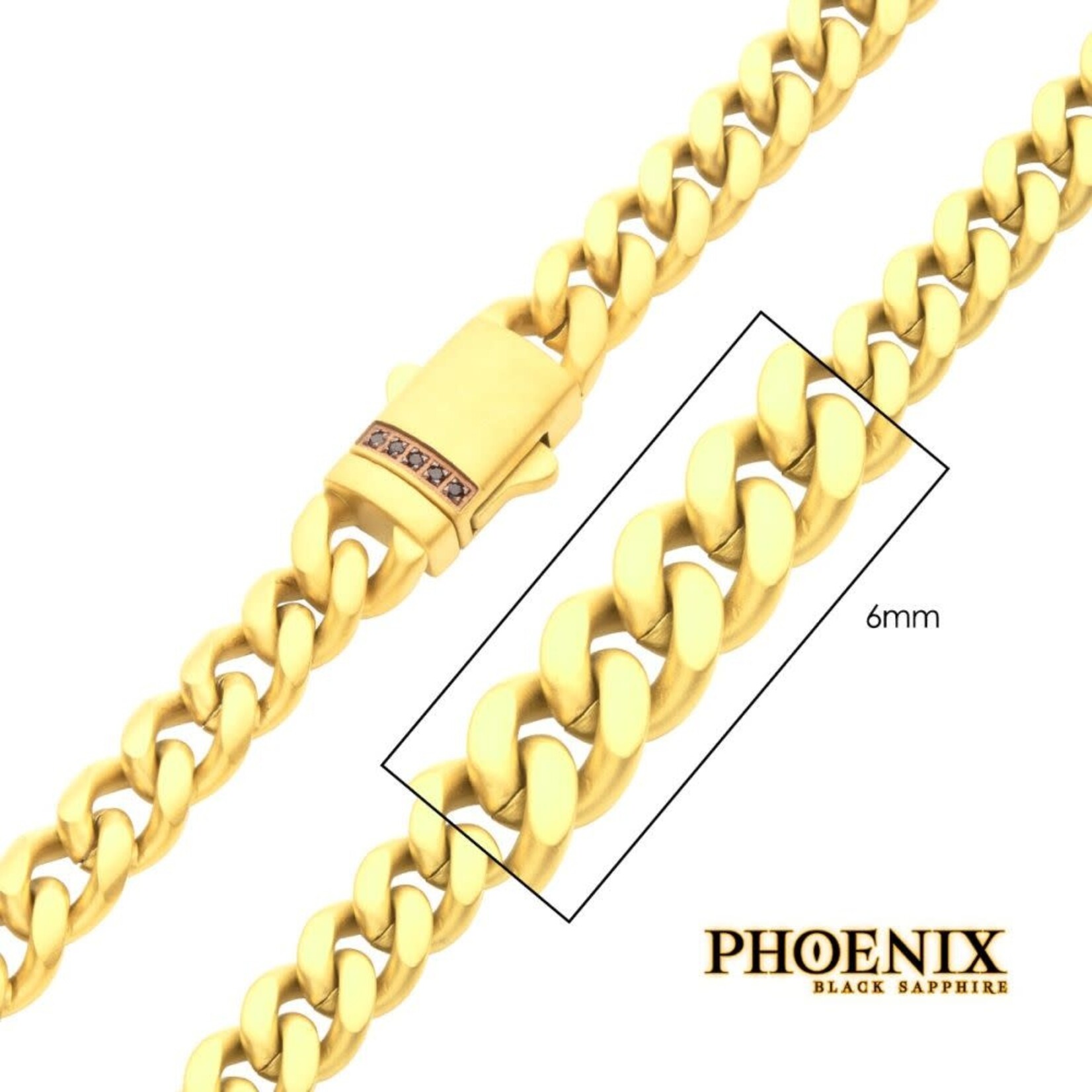 Inox 6mm 18Kt Gold IP Steel Matte Finish Miami Cuban Chain Necklace Genuine Black Sapphire 22"