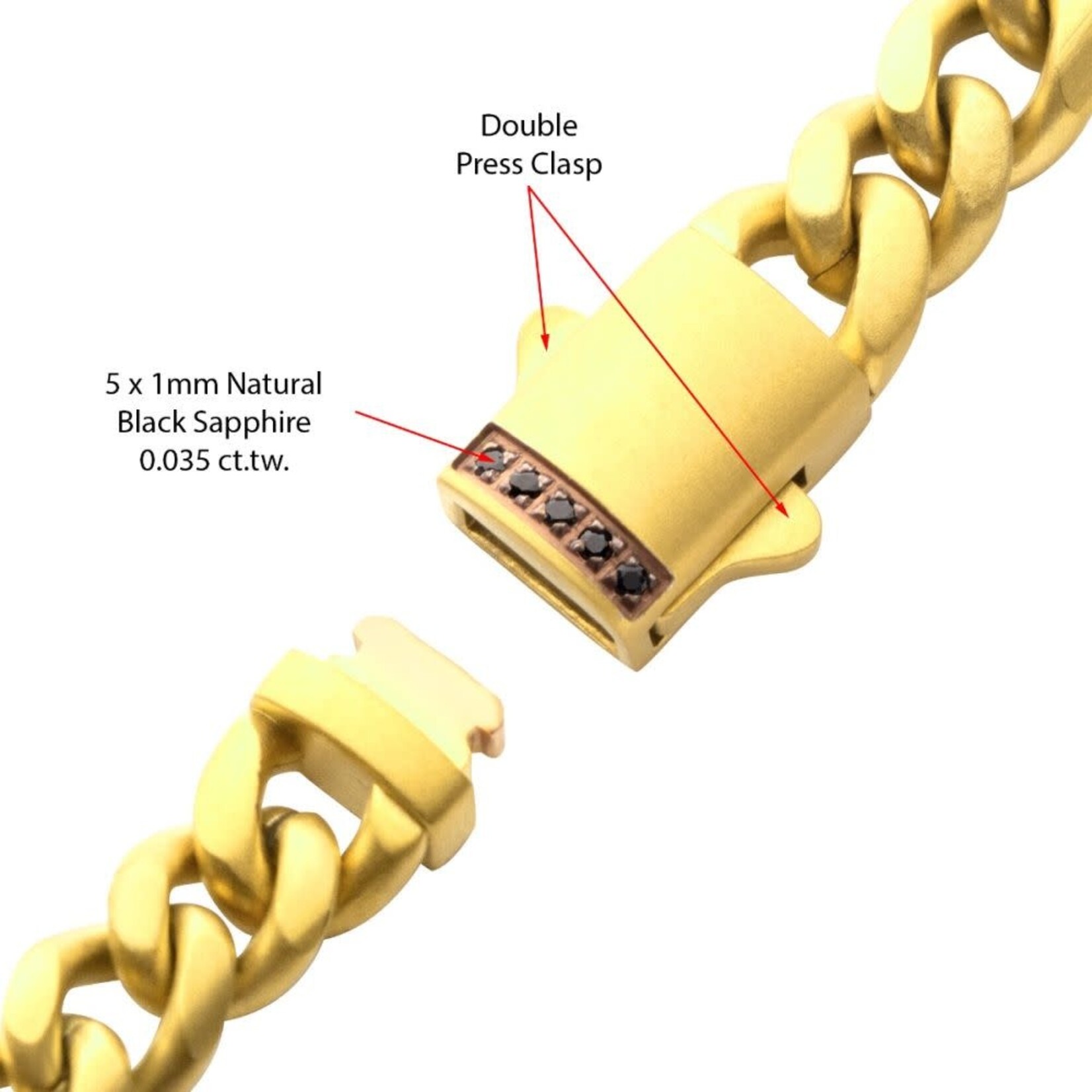 Inox 6mm 18Kt Gold IP Steel Matte Finish Miami Cuban Chain Necklace Genuine Black Sapphire 22"