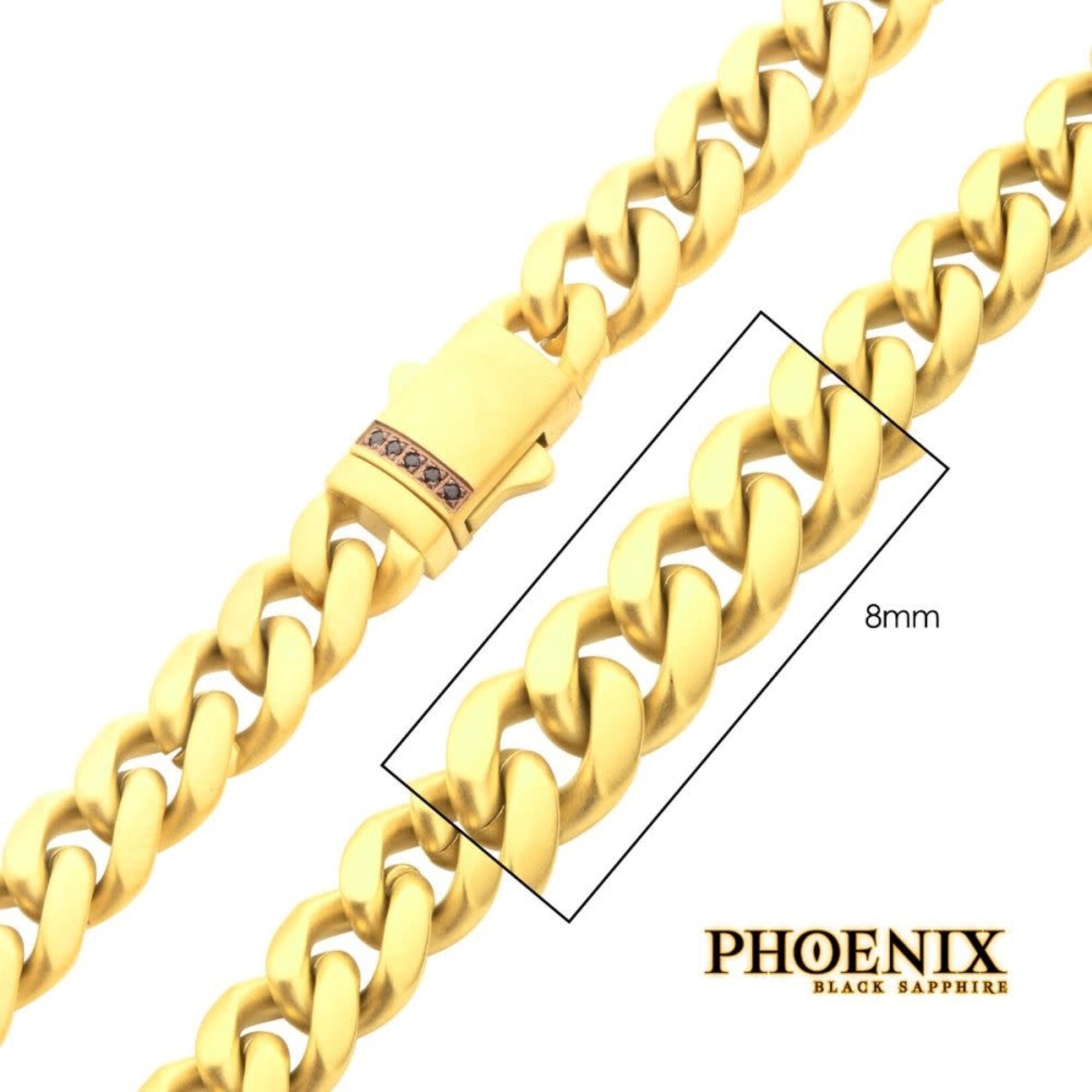 Inox 8mm 18Kt Gold IP Steel Matte Finish Miami Cuban Chain Necklace Genuine Black Sapphire 22"