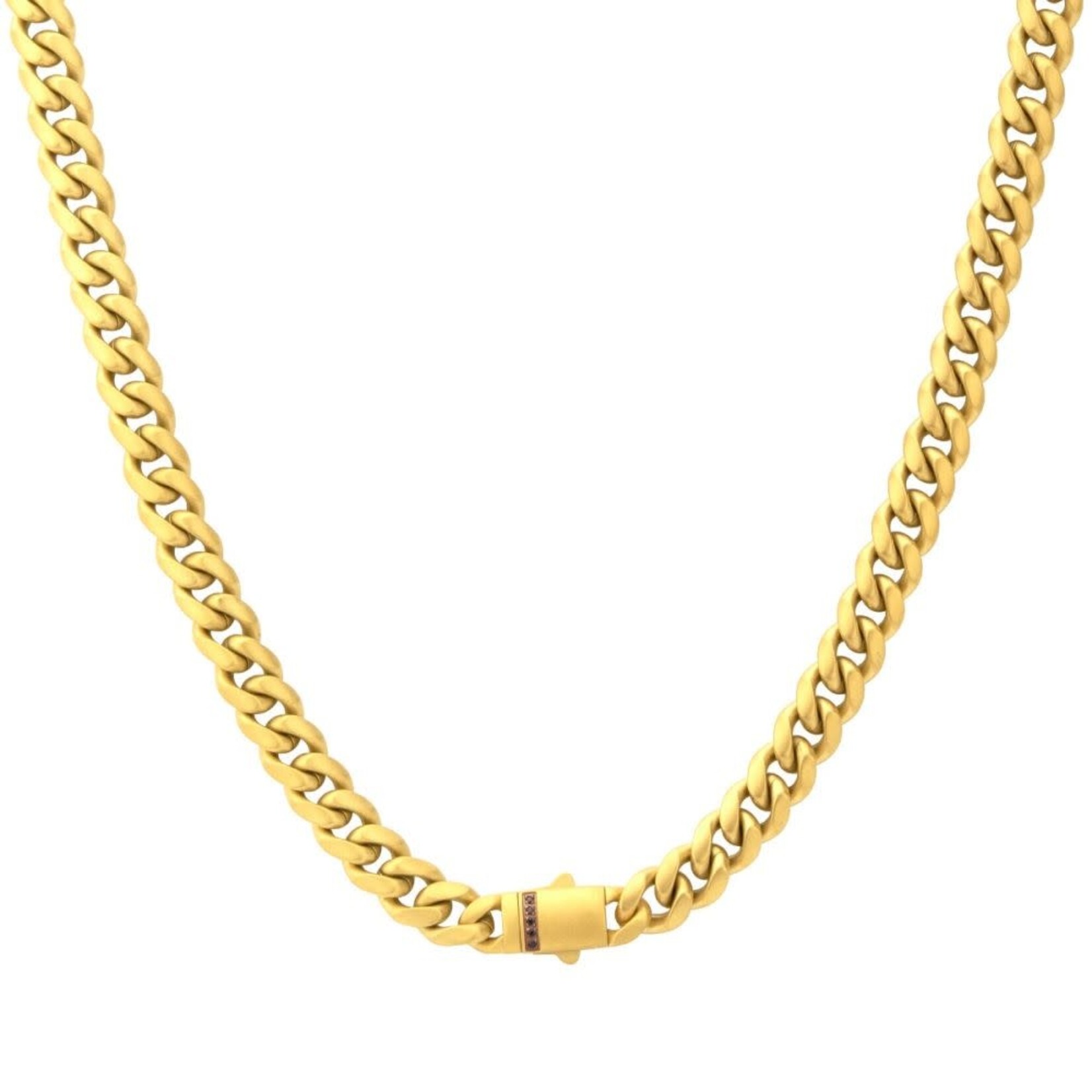 Inox 8mm 18Kt Gold IP Steel Matte Finish Miami Cuban Chain Necklace Genuine Black Sapphire 22"