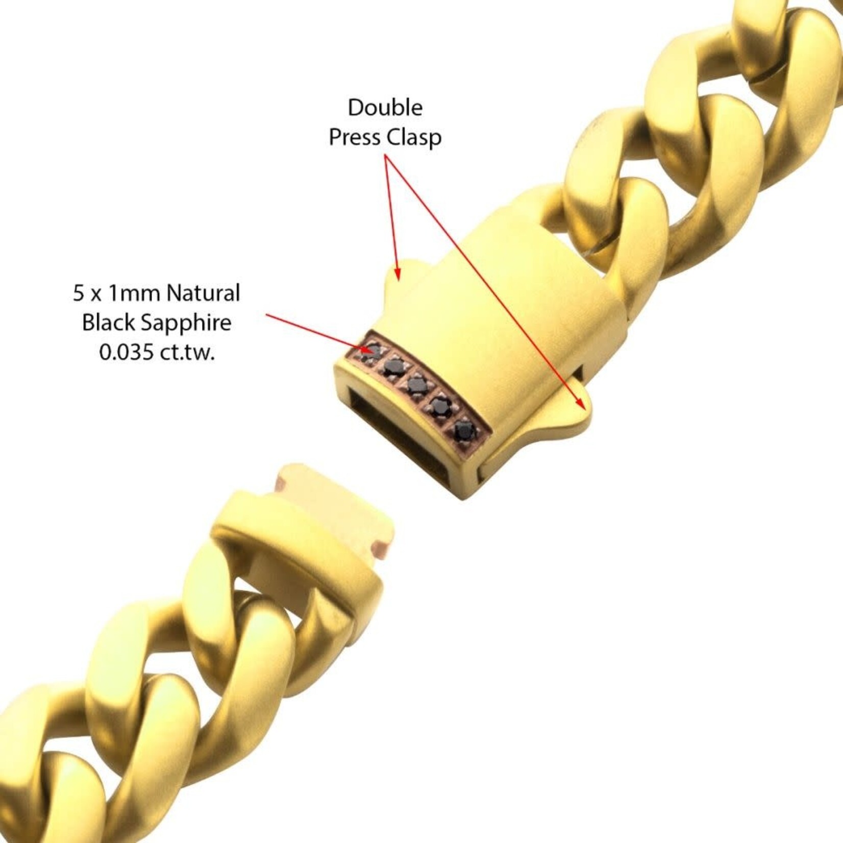 Inox 8mm 18Kt Gold IP Steel Matte Finish Miami Cuban Chain Necklace Genuine Black Sapphire 22"
