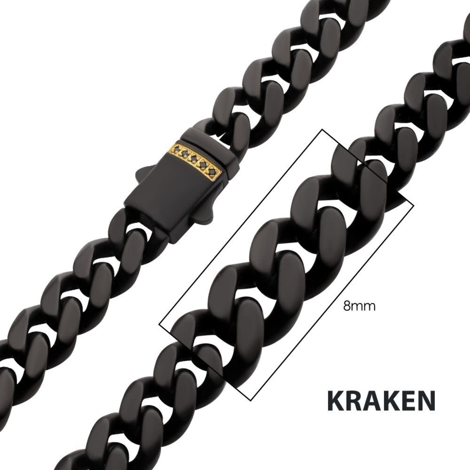 Inox 8mm Black IP Steel Matte Finish Miami Cuban Chain Necklace with Genuine Black Sapphire Gem 22"