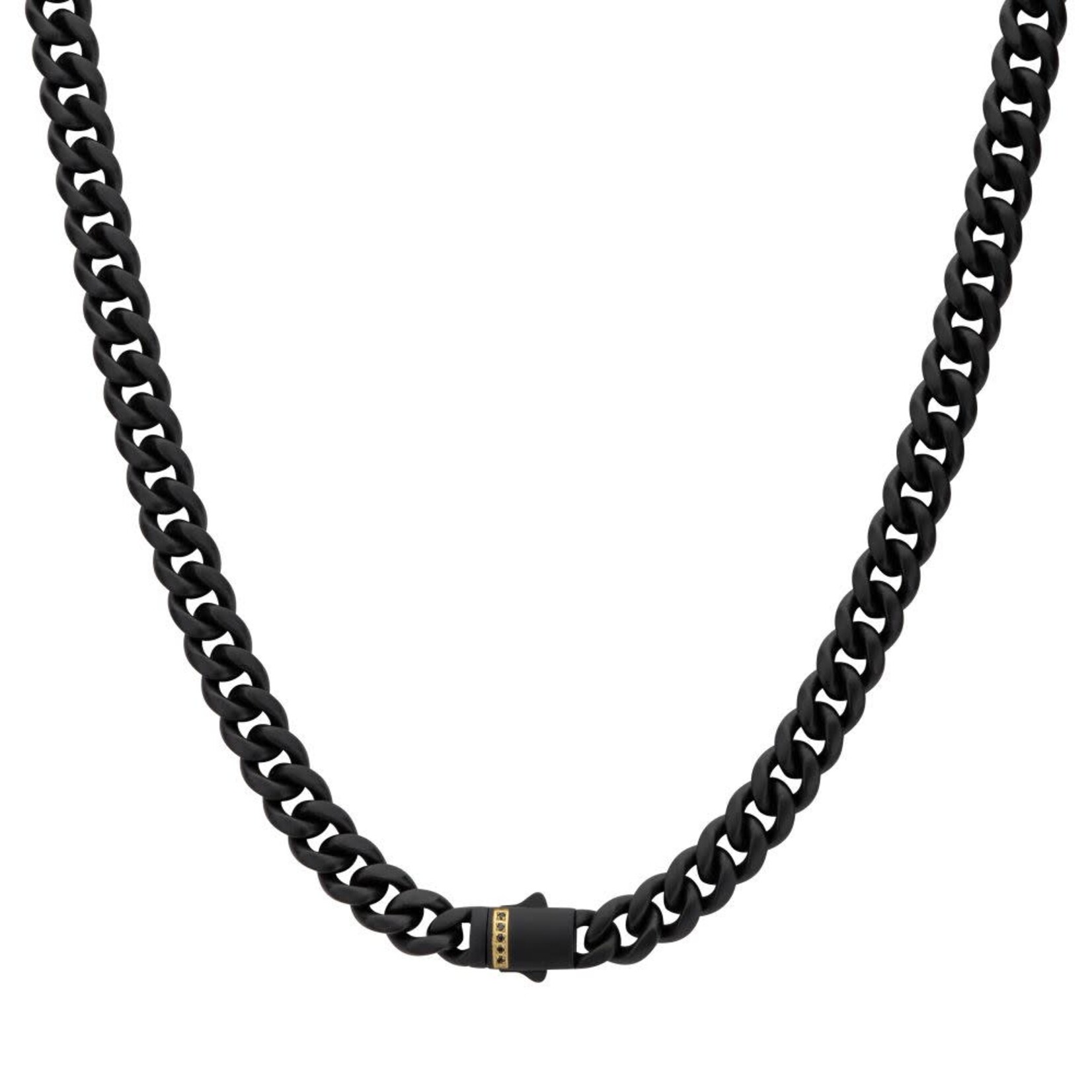 Inox 8mm Black IP Steel Matte Finish Miami Cuban Chain Necklace with Genuine Black Sapphire Gem 22"