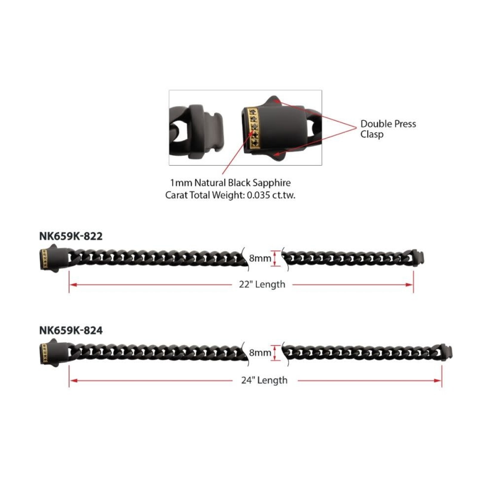 Inox 8mm Black IP Steel Matte Finish Miami Cuban Chain Necklace with Genuine Black Sapphire Gem 22"