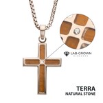 Inox Matte Finish Stainless Steel Tiger Eye Stone Inlay with Lab-Grown Diamond Cross Pendant 22"