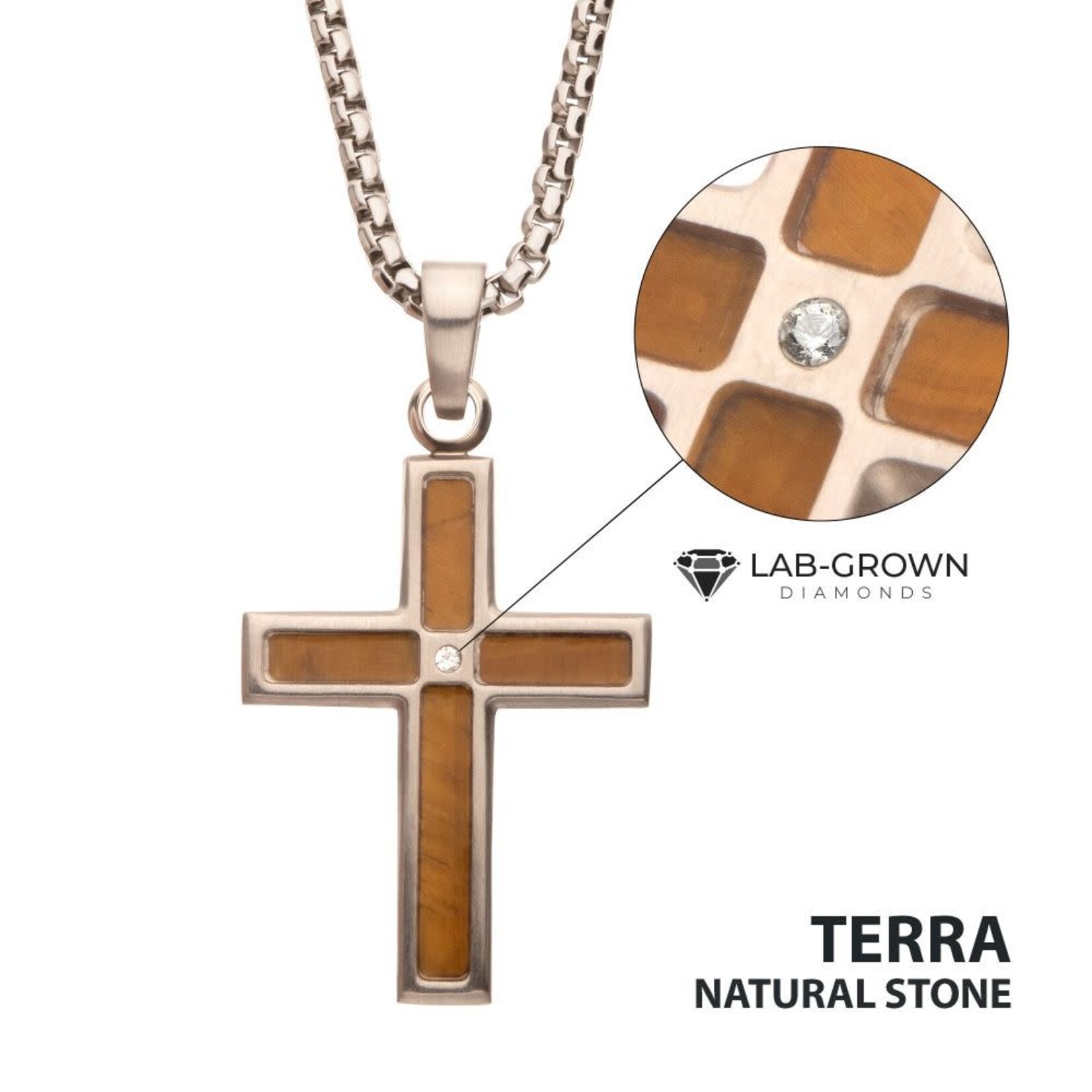 Inox Matte Finish Stainless Steel Tiger Eye Stone Inlay with Lab-Grown Diamond Cross Pendant 22"
