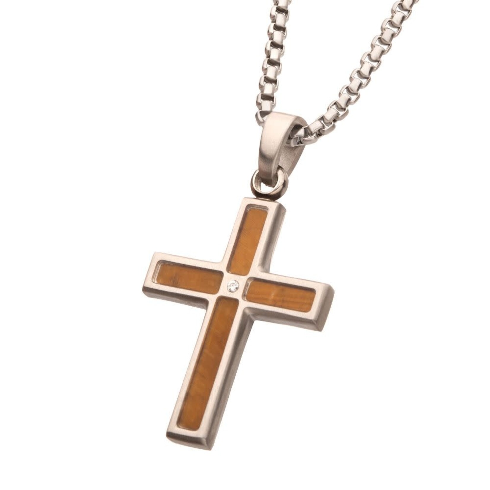Inox Matte Finish Stainless Steel Tiger Eye Stone Inlay with Lab-Grown Diamond Cross Pendant 22"
