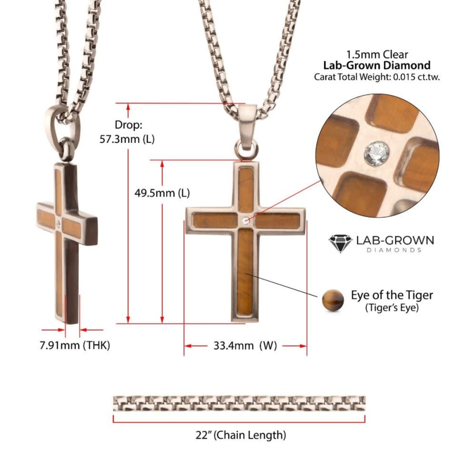 Inox Matte Finish Stainless Steel Tiger Eye Stone Inlay with Lab-Grown Diamond Cross Pendant 22"