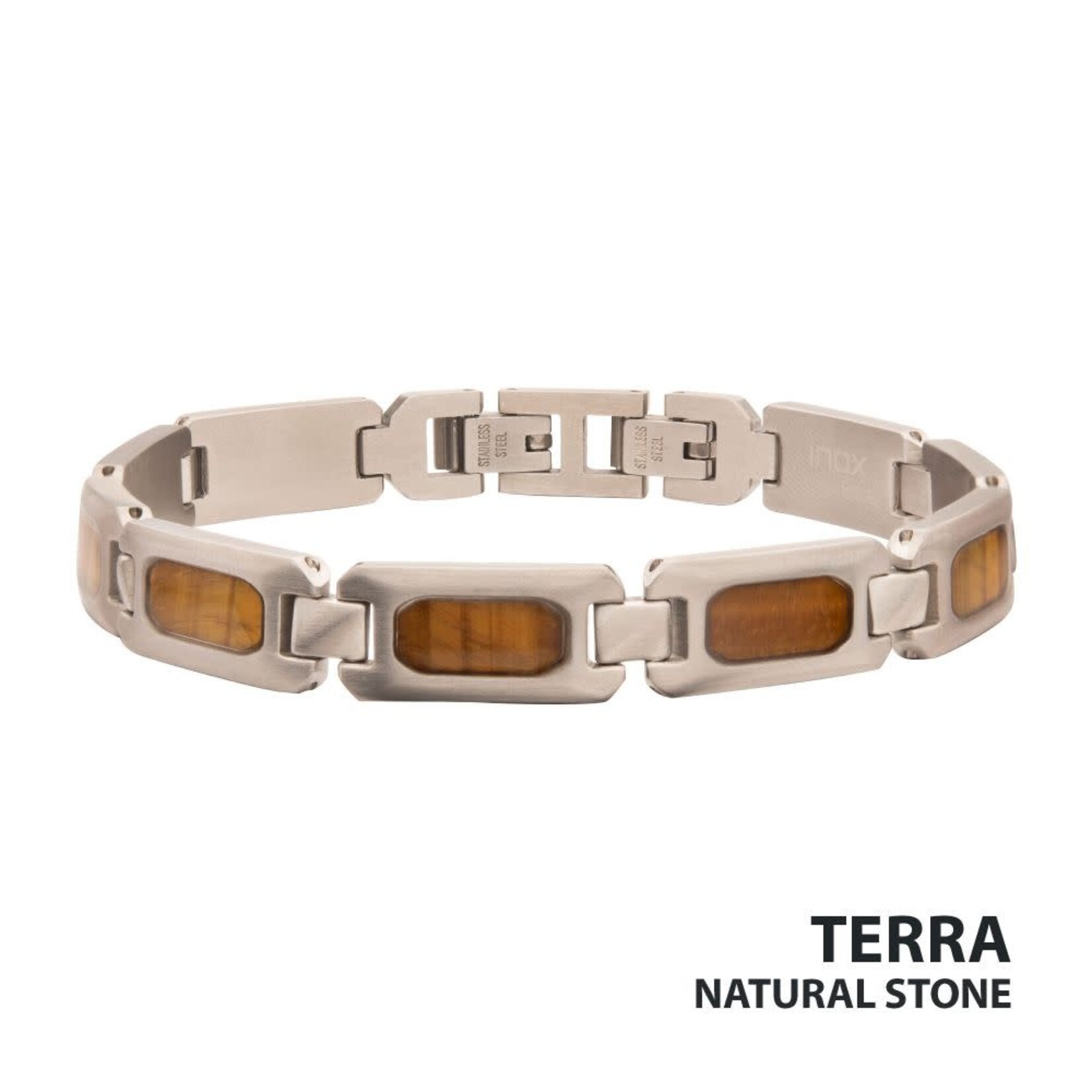 Inox Matte Finish Stainless Steel Tiger Eye Stone Inlay Sizeable Link Bracelet 8"-8.5"