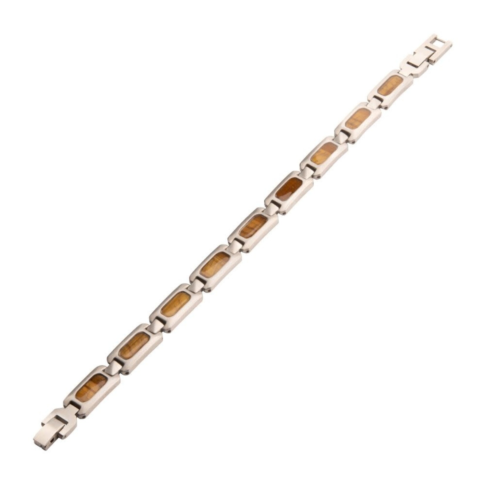 Inox Matte Finish Stainless Steel Tiger Eye Stone Inlay Sizeable Link Bracelet 8"-8.5"