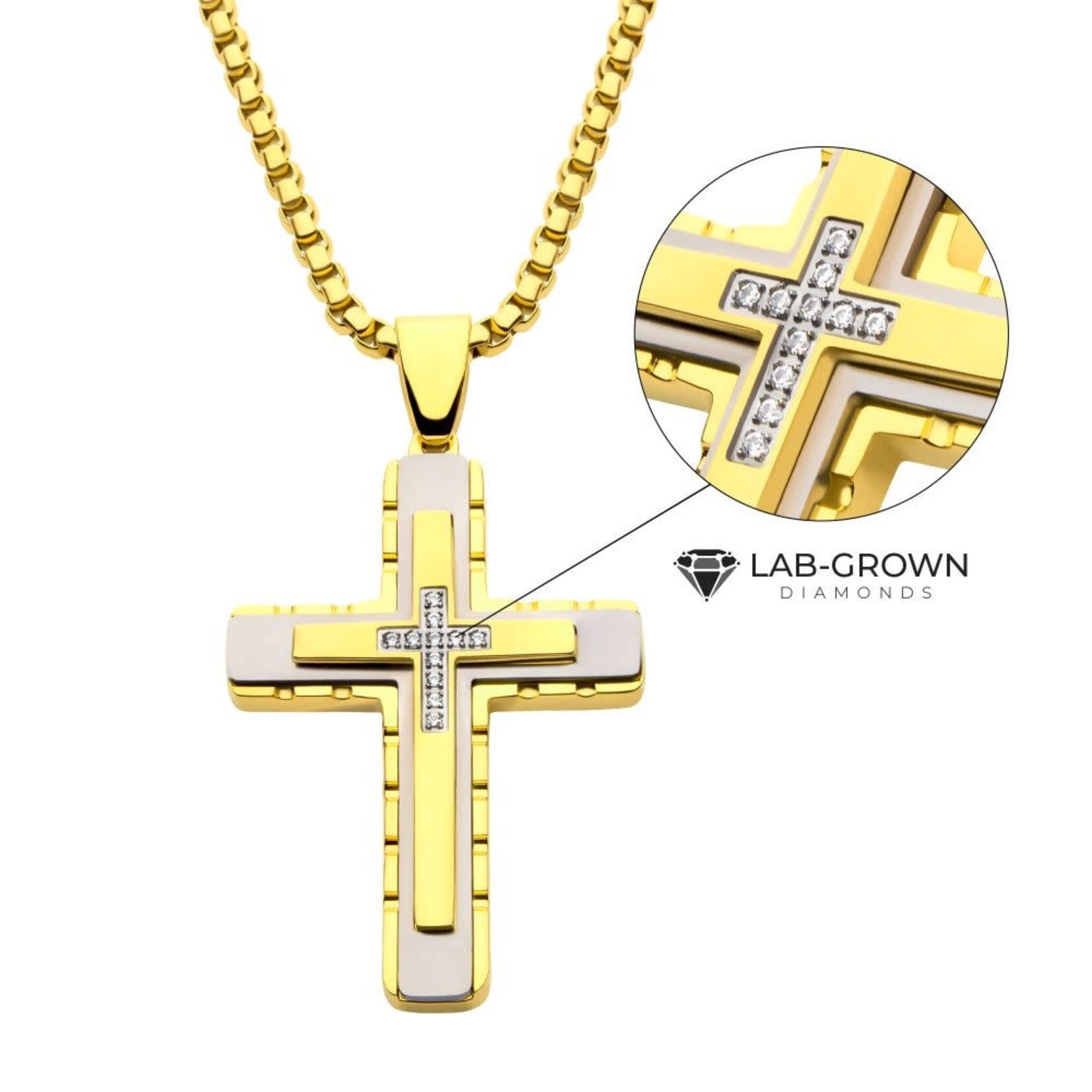 Inox 18Kt Gold IP Steel CNC Set Lab-Grown Diamond Layered Cross Pendant 24"
