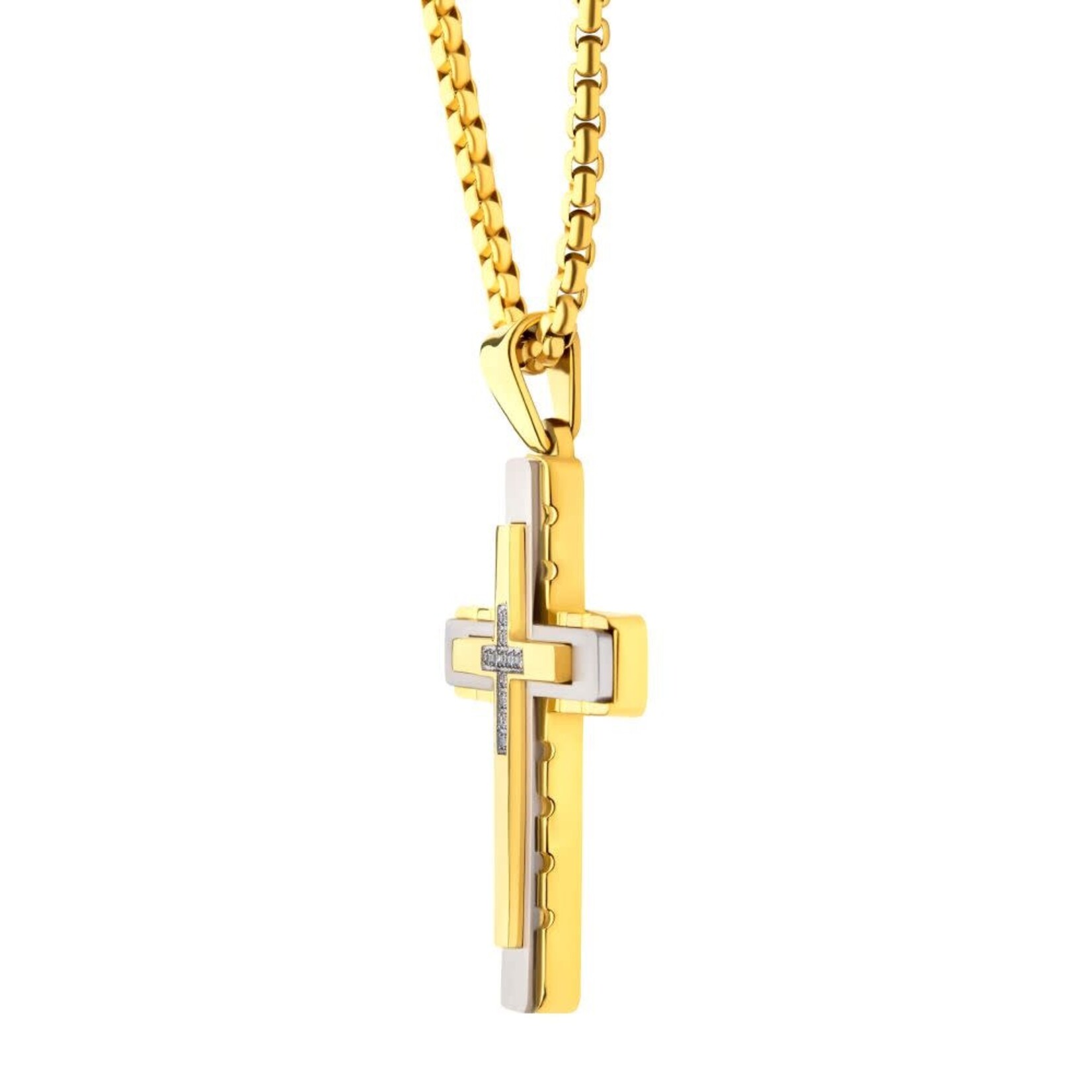 Inox 18Kt Gold IP Steel CNC Set Lab-Grown Diamond Layered Cross Pendant 24"